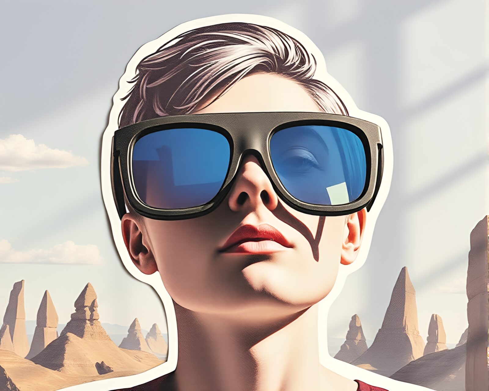 Futuristic cutout collage featuring vibrant augmented reality glasses