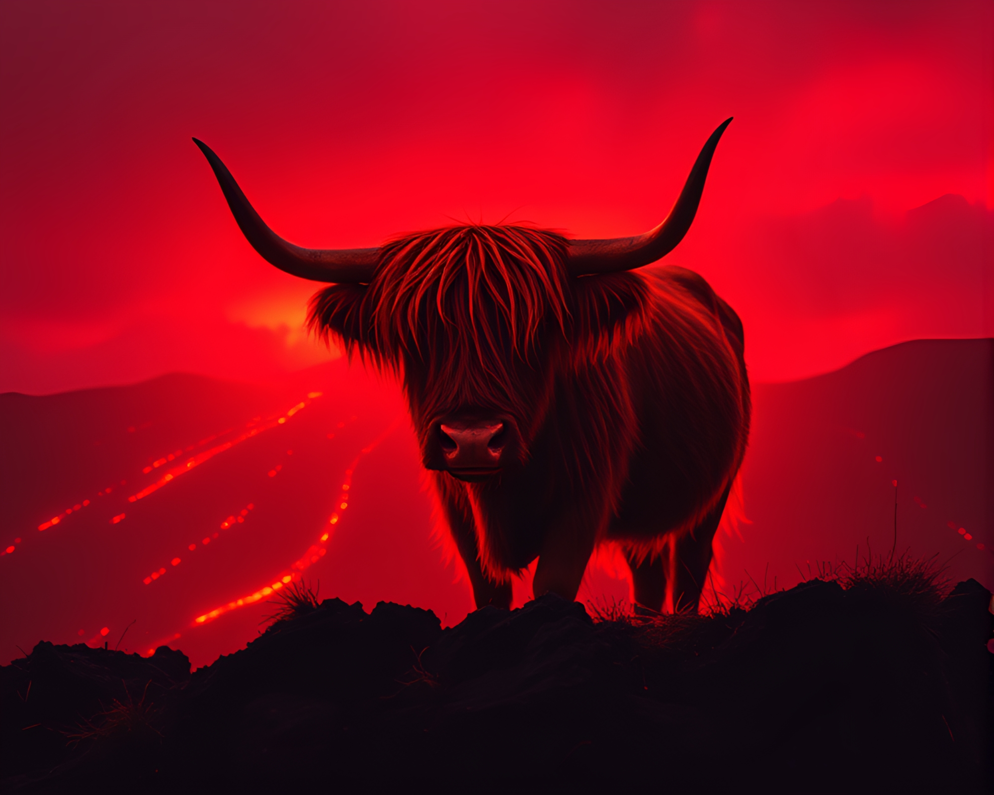 Highland Cow in Volcano Glow: 80s VHS Surrealism – free AI stock image