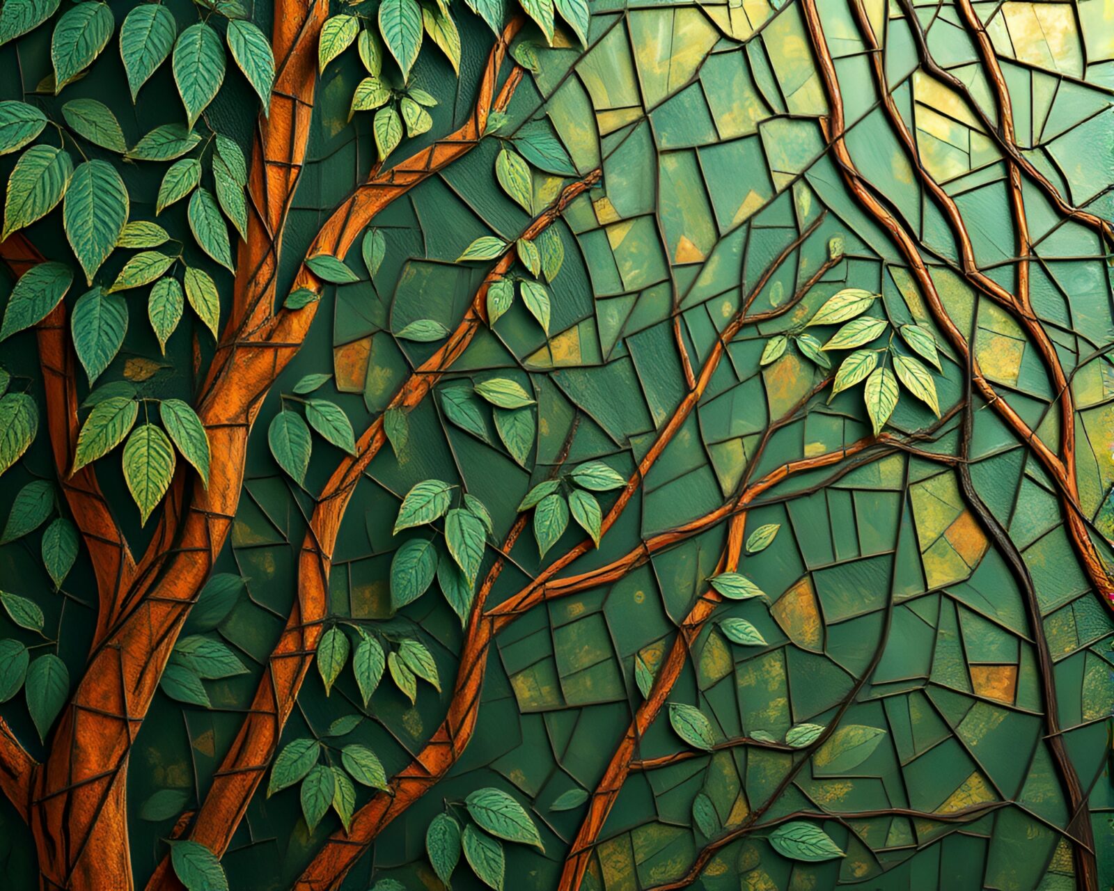 Copper-pattern jungle with intricate tessellation in halftone shades
