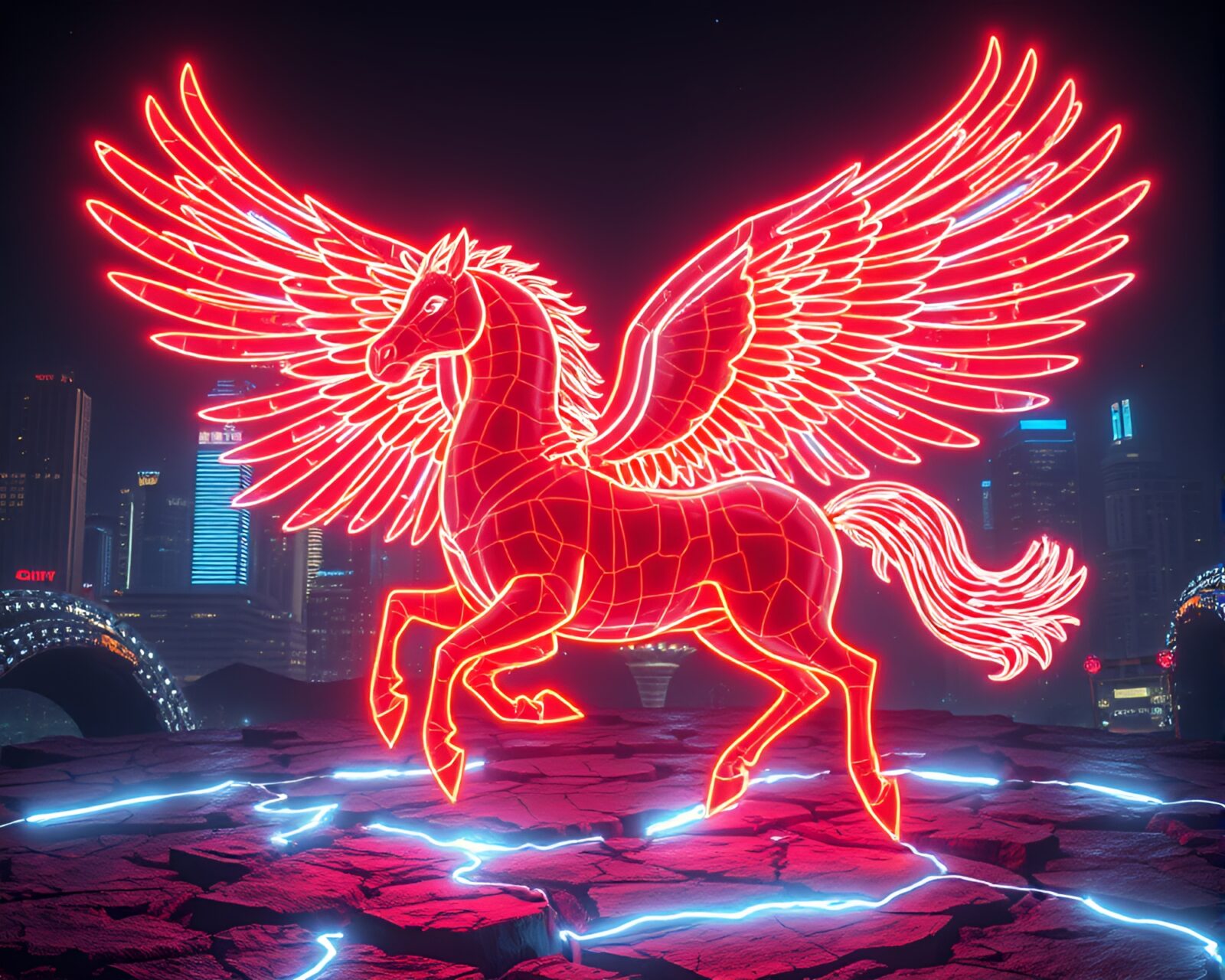 Vibrant LED-lit Pegasus flying over a barren landscape