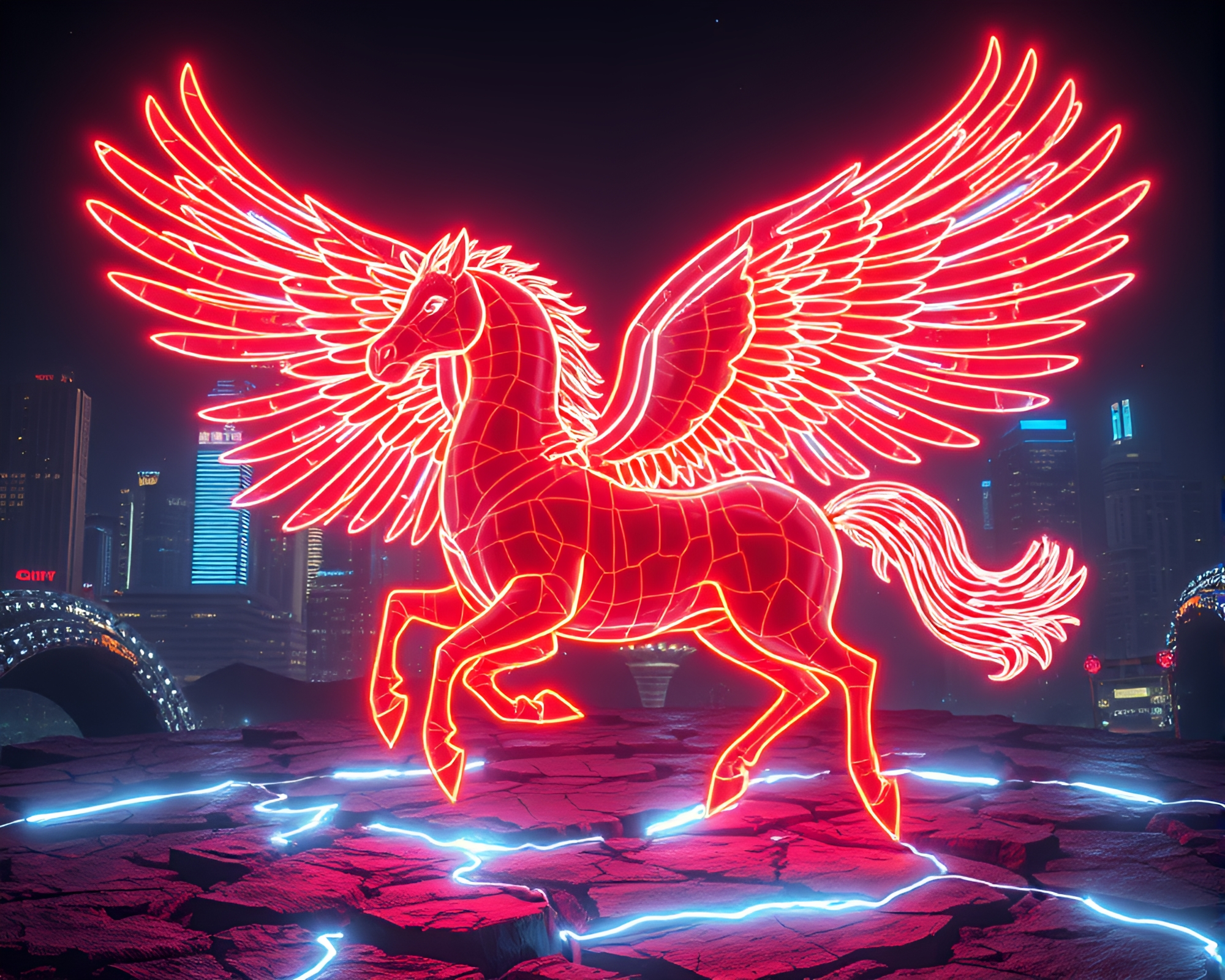 Neon City Pegasus Soaring Over Cracked Earth – free AI stock image