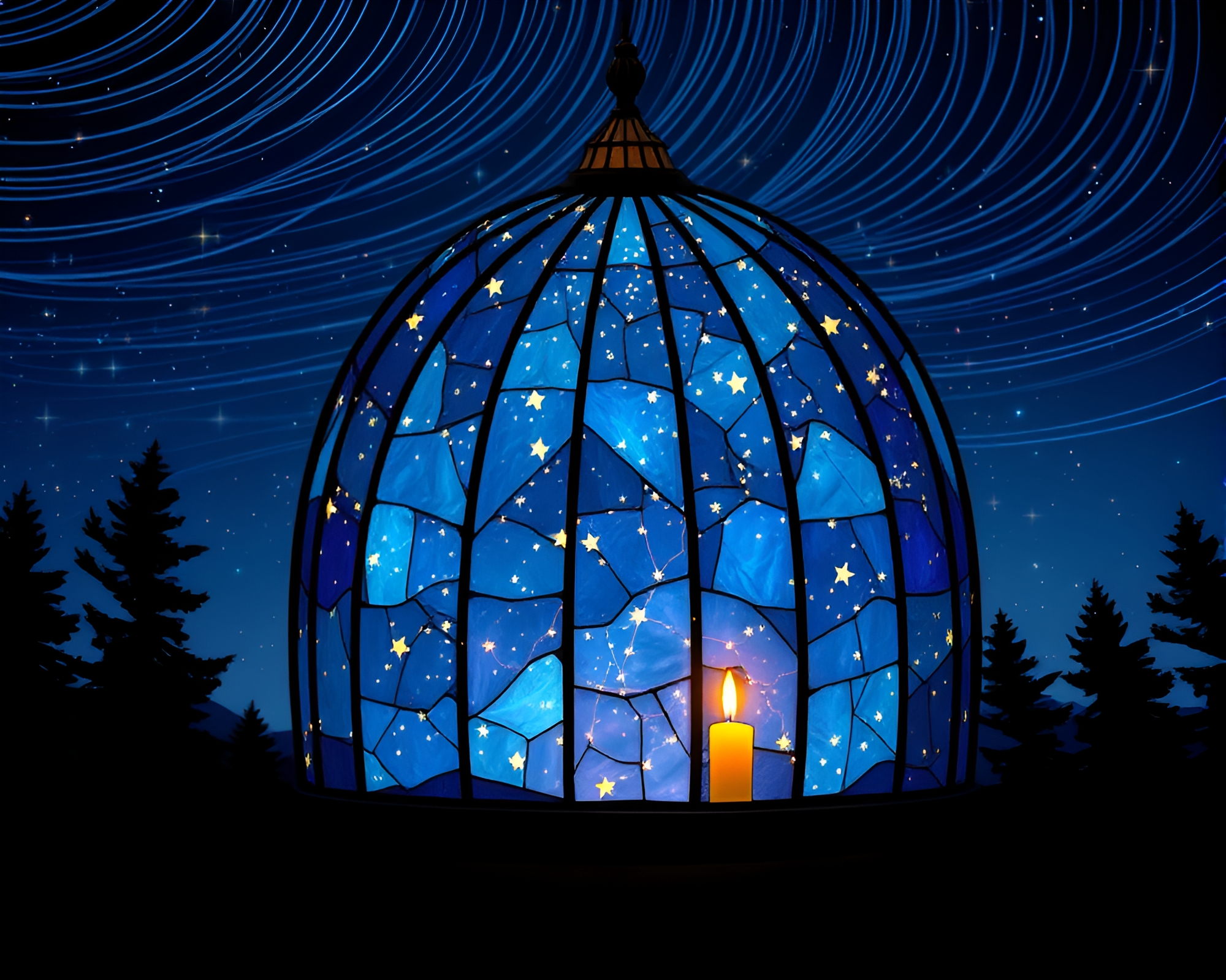 Mystical Star Trails Stained Glass Dome Illumination – free AI stock image