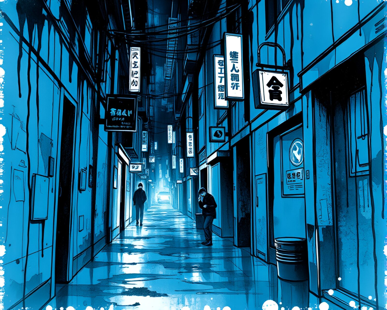 Monochrome blue cyberpunk alley with ink wash drips