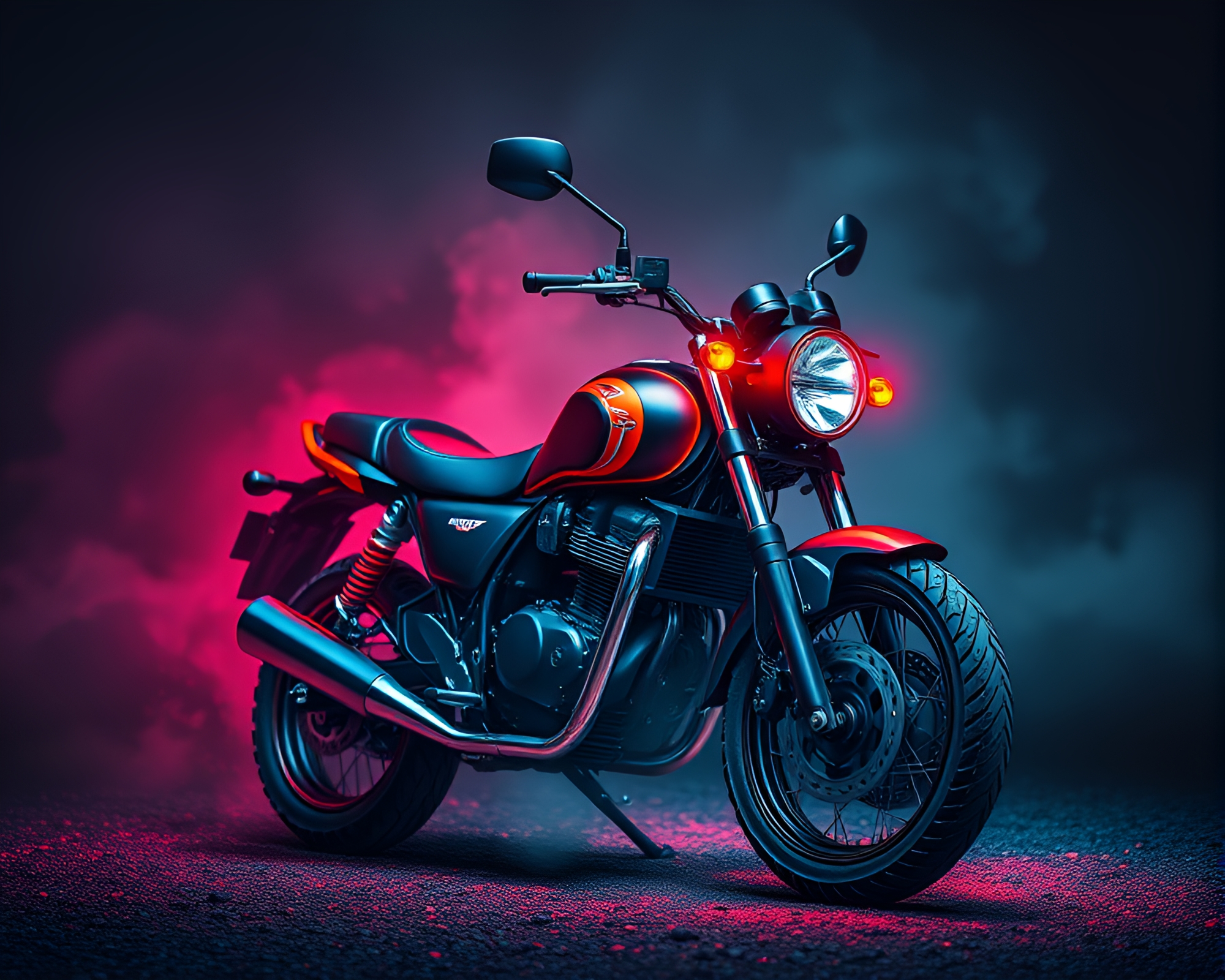 Neon Motorcycle in Volcanic Ash Pixel Art Composition – free AI stock image