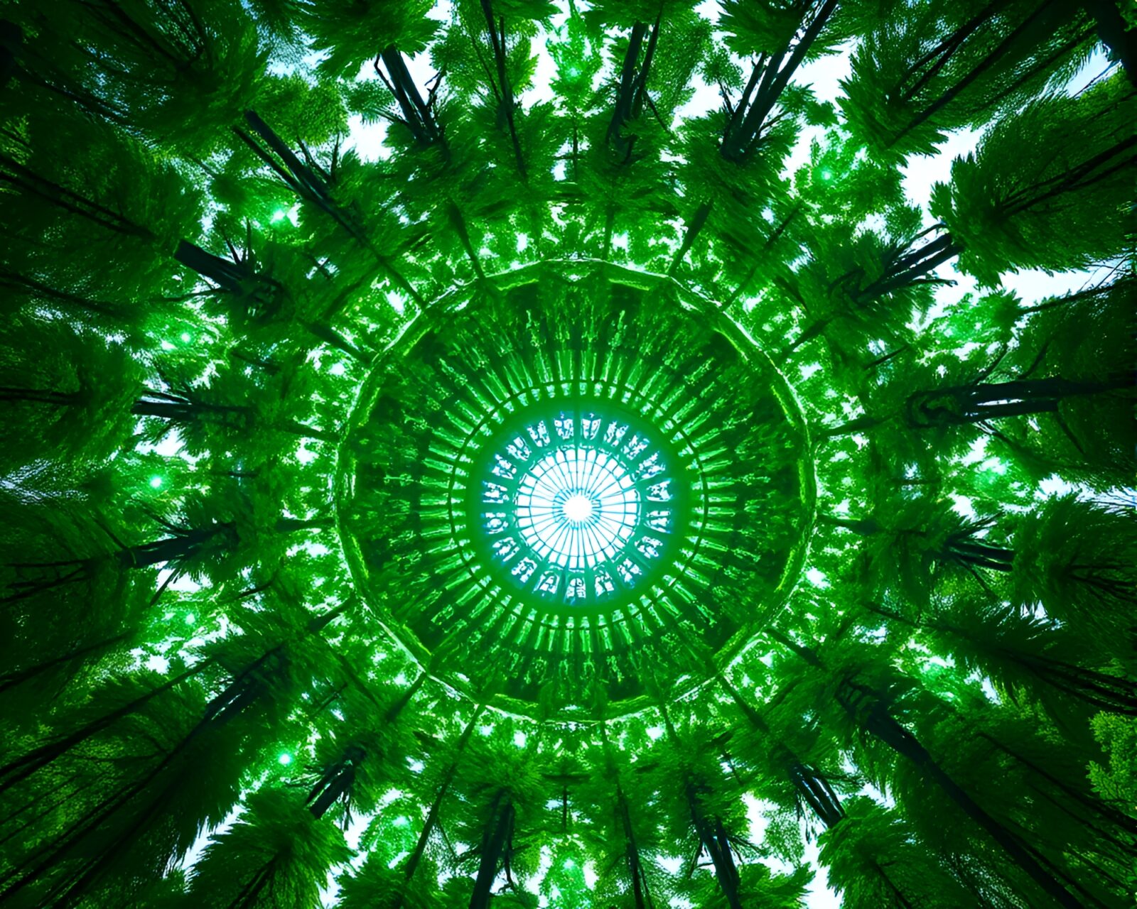Architectural rendering of a symmetrical satellite tower in lush forest