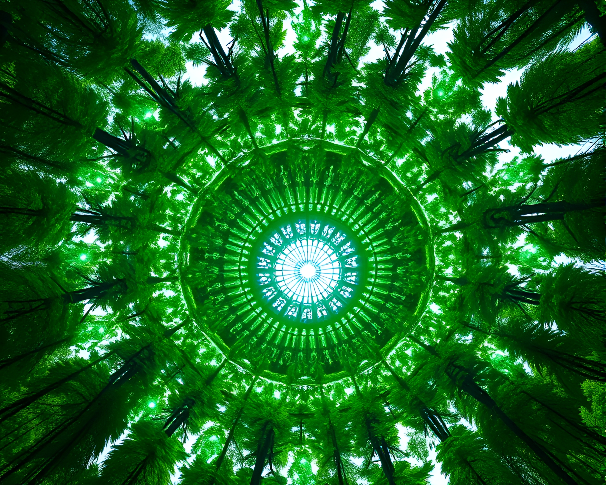 Enchanted Satellite Tower in Radiant Green Forest – free AI stock image