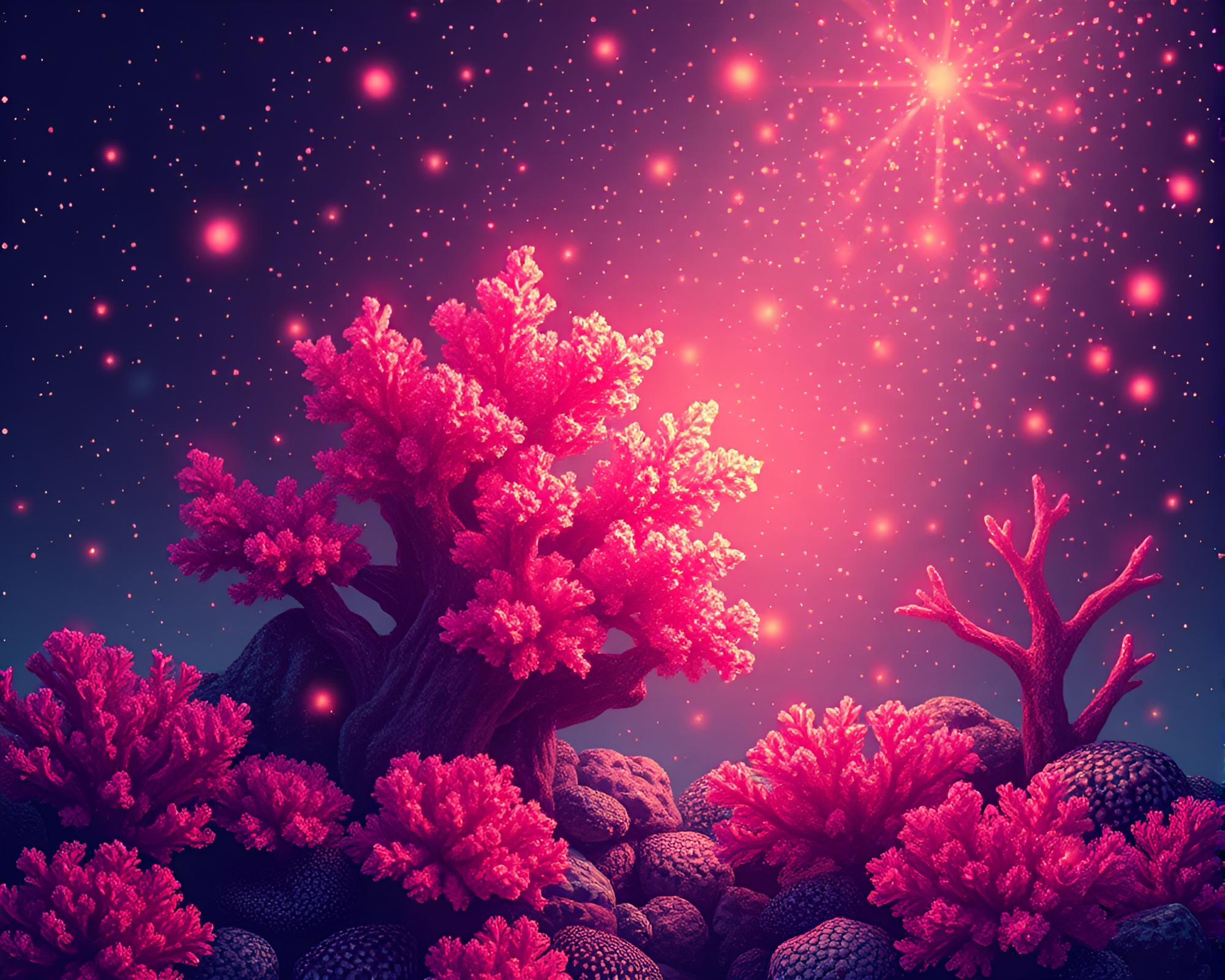 Steam-powered coral atoll under fairy lights – free AI stock image