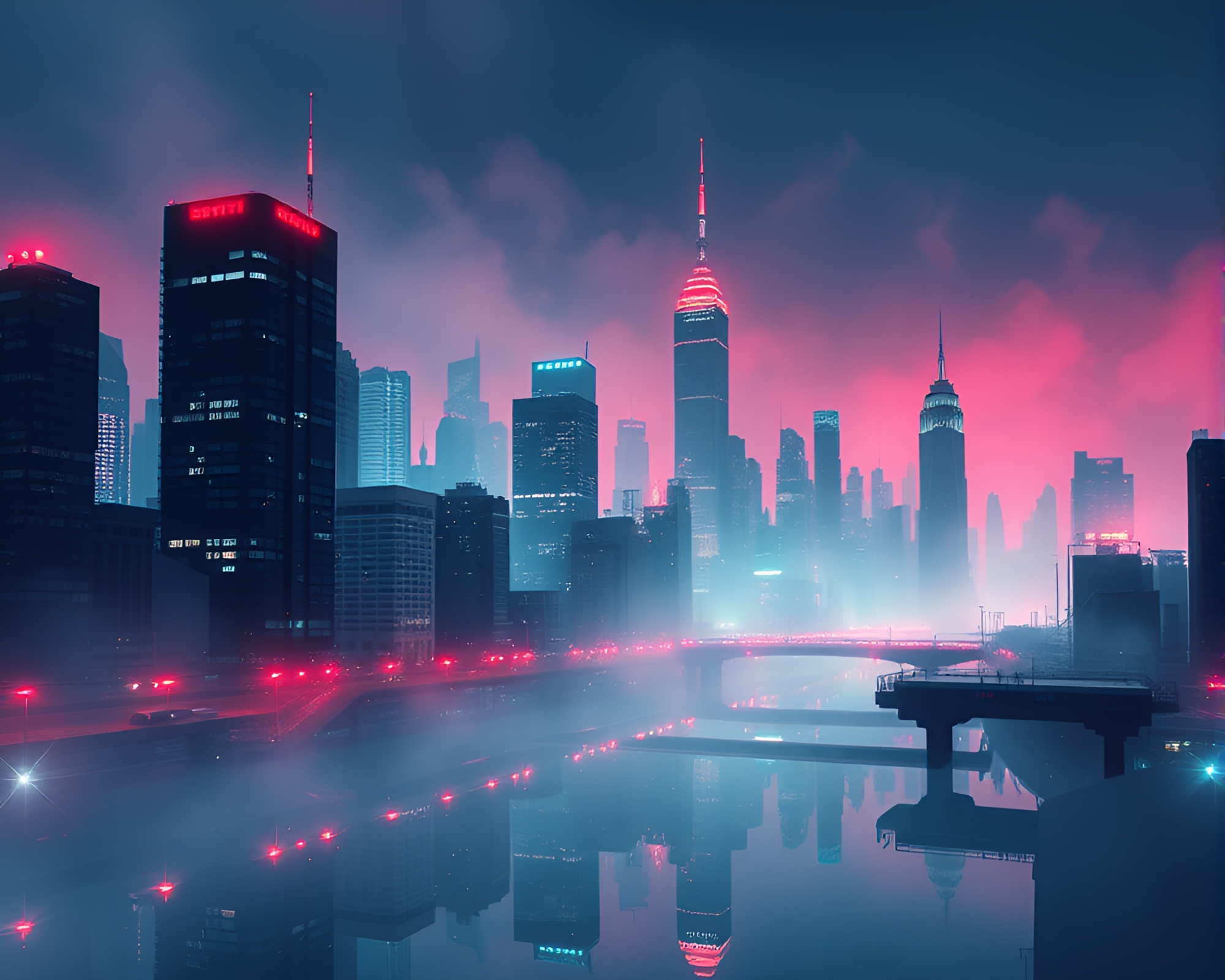 Futuristic City Reflection Silhouette in Thermal Imaging – free AI stock image