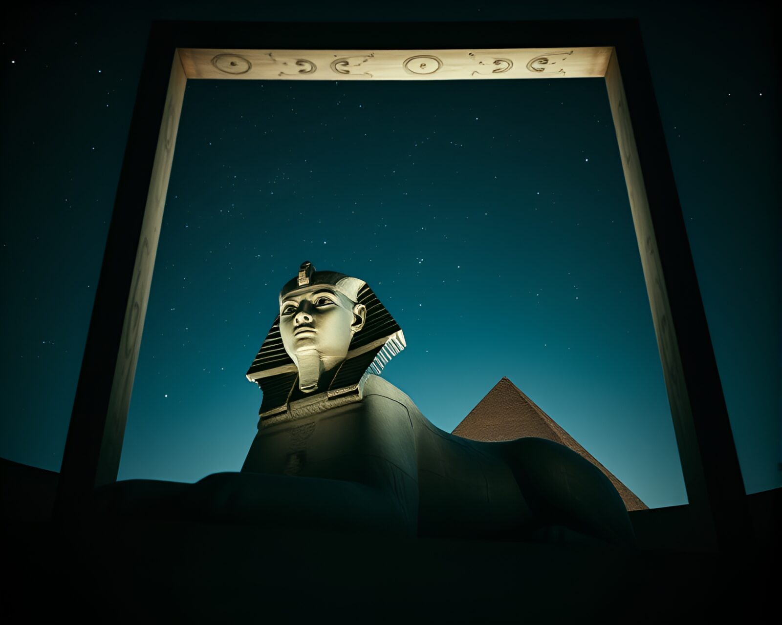 Mysterious Sphinx statue against starry sky within dark film setting