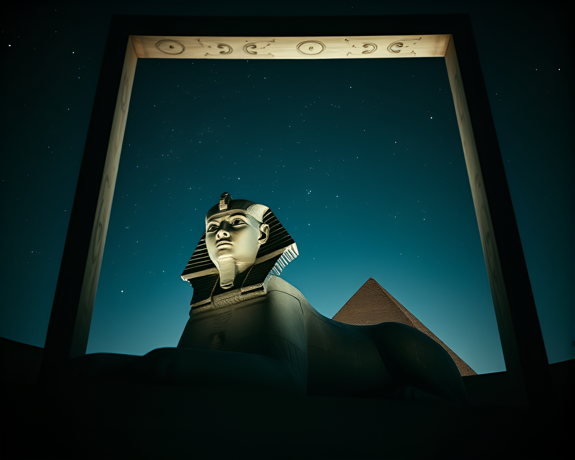 Sphinx Statue Silhouetted in Film Noir Starlit Frame – free AI stock image