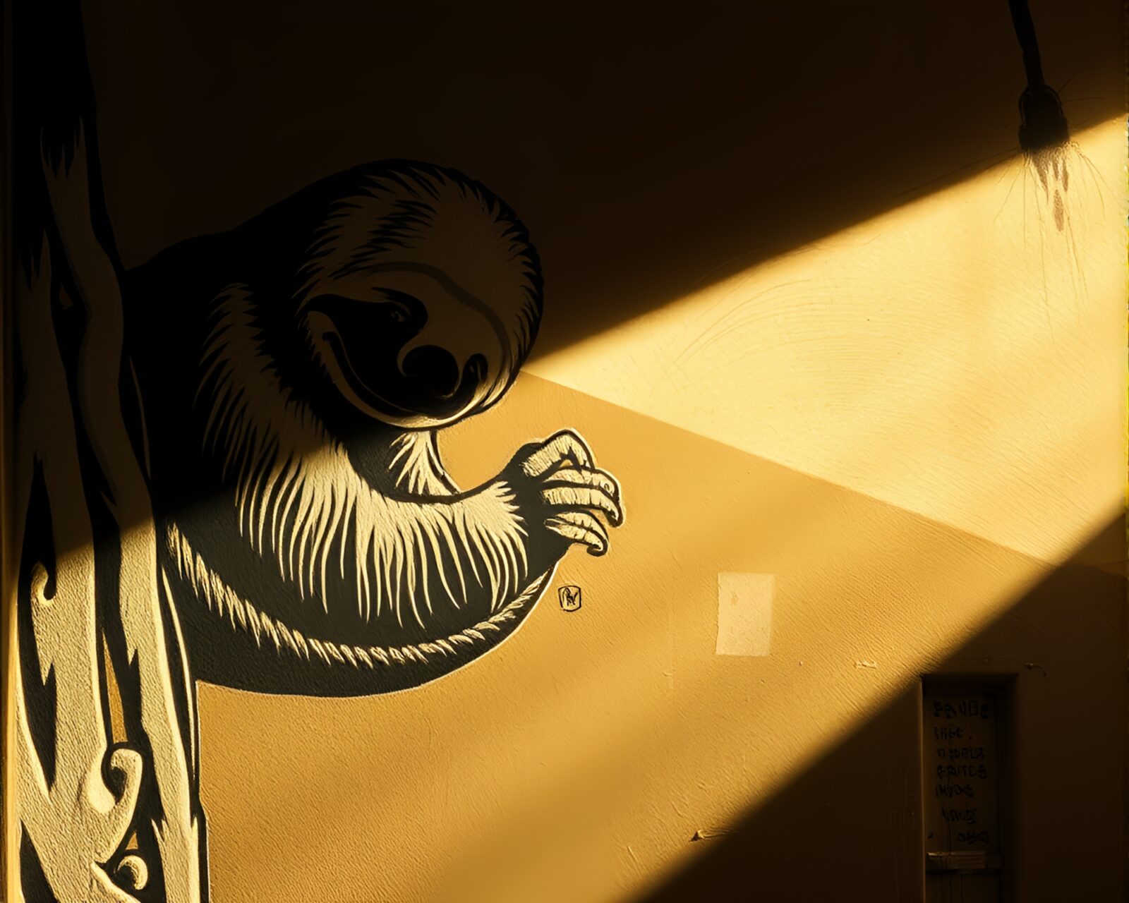 Detailed spray paint graffiti sloth under warm porchlight