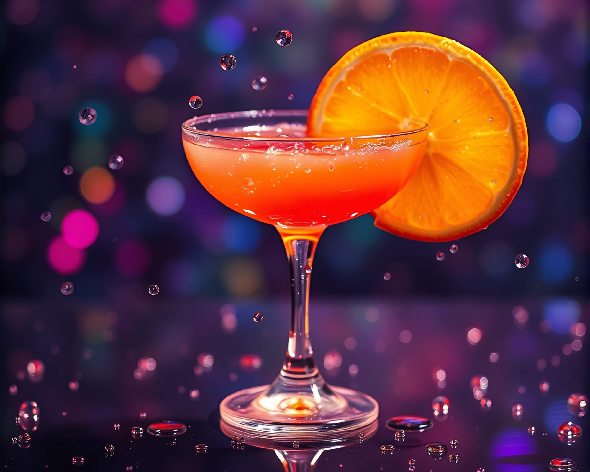 Cosmic Blood Orange Cocktail in Holographic Water Droplets – free AI stock image