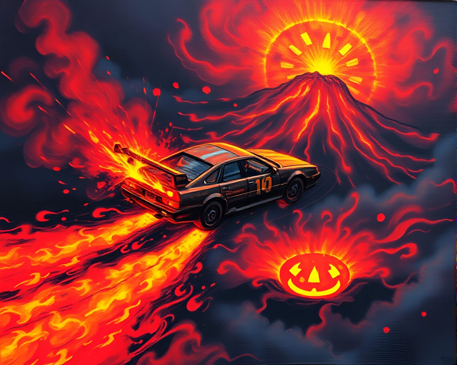 High-angle shot of a flying car in volcano-red hues