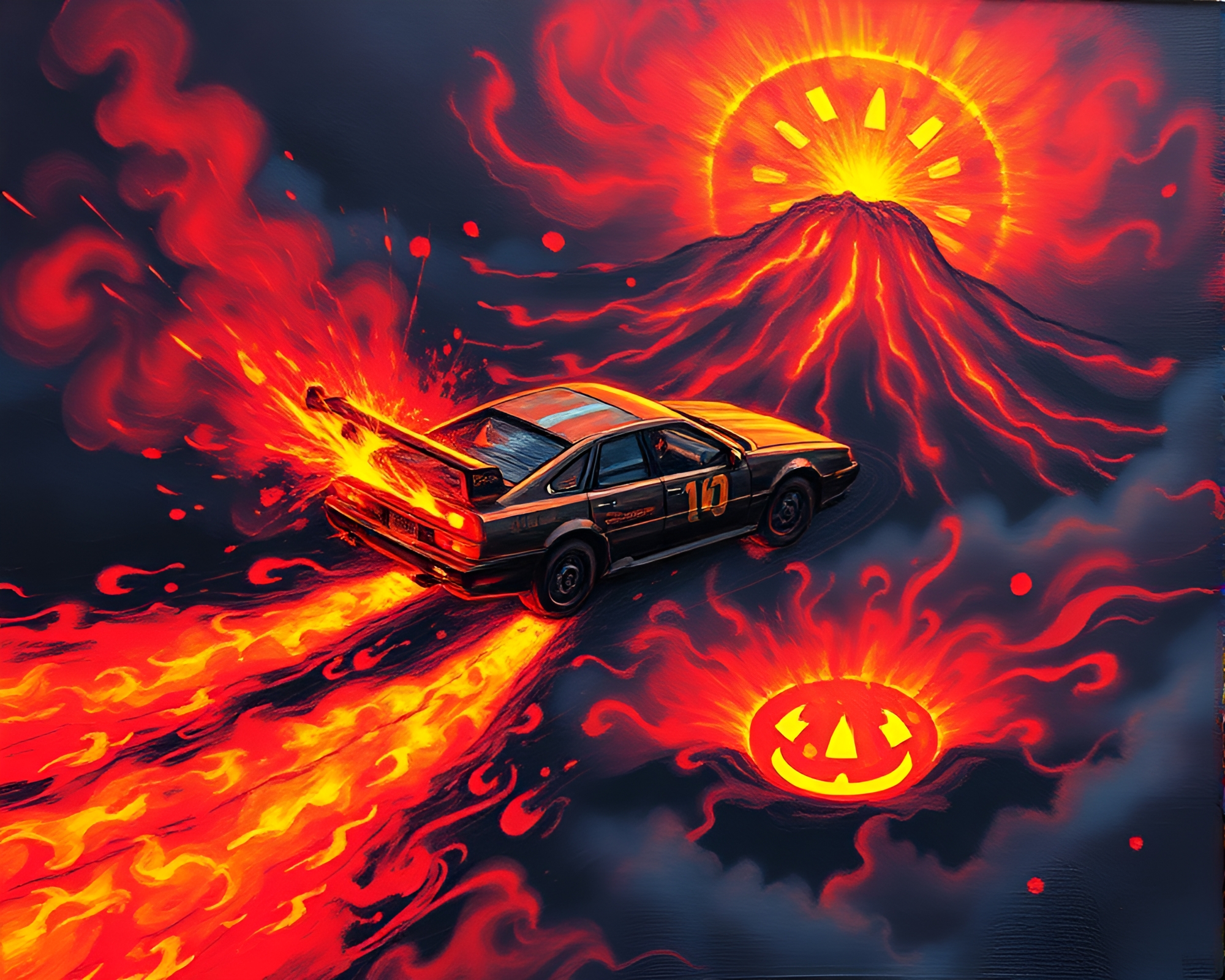 Flying Car Over Volcano Red Glow Acrylic Painting – free AI stock image
