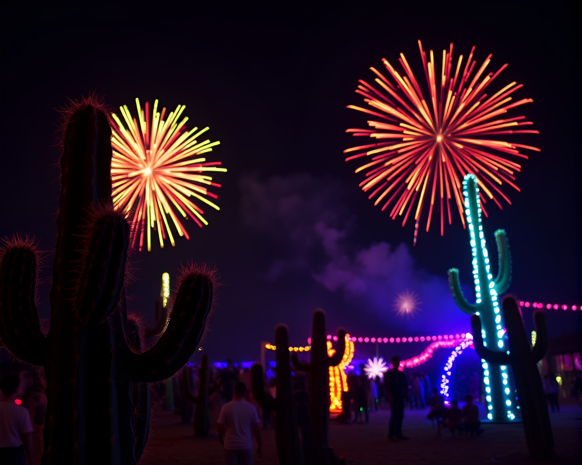 Vibrant Neon Cactus Festival Fireworks Display – free AI stock image