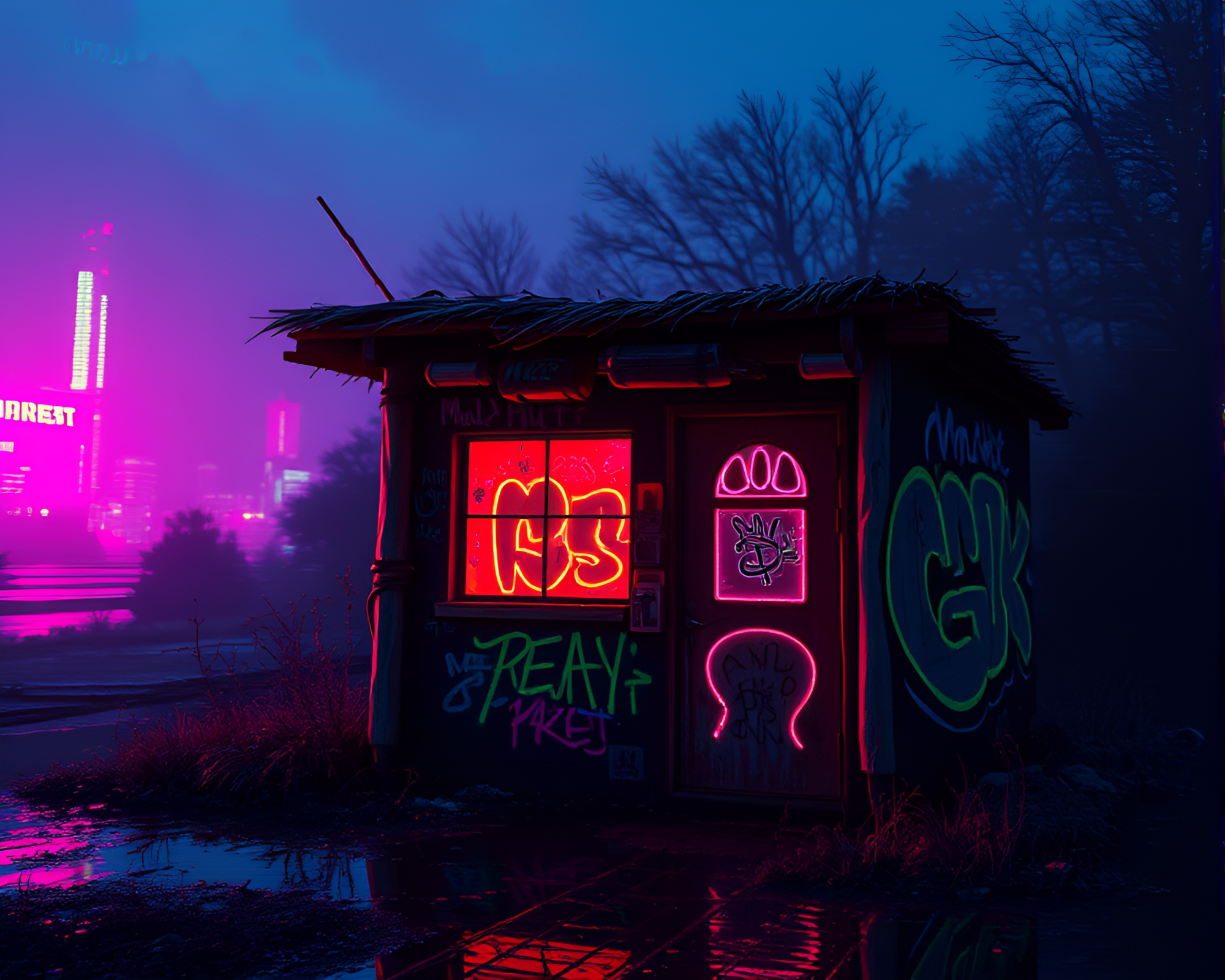 Neon Glitch Mud Hut: Graffiti Spectrum – free AI stock image