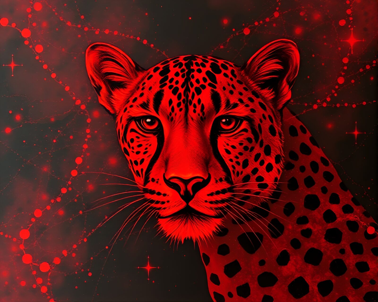 Majestic cheetah with fiery red surroundings in fractal patterns