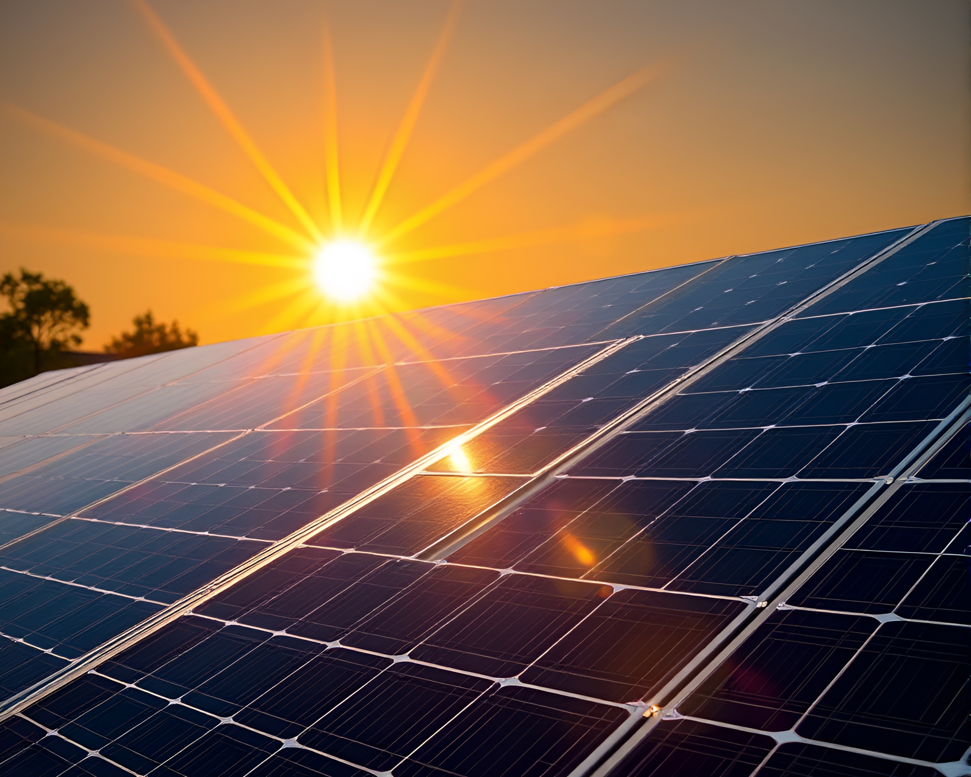 Solar Panel Array in Golden Sunburst Light – free AI stock image