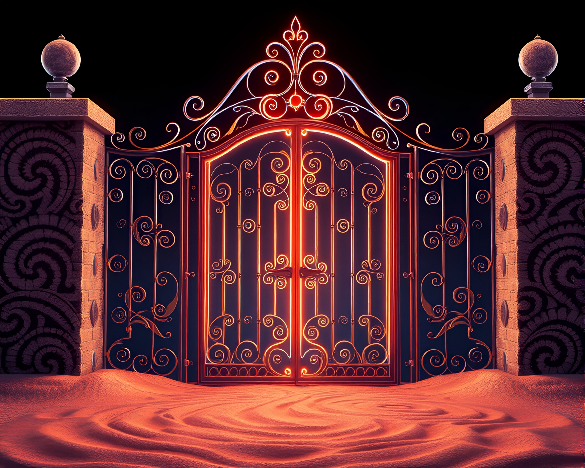Neon Wrought Iron Gate Under Technical Sand Swirl Pattern – free AI stock image