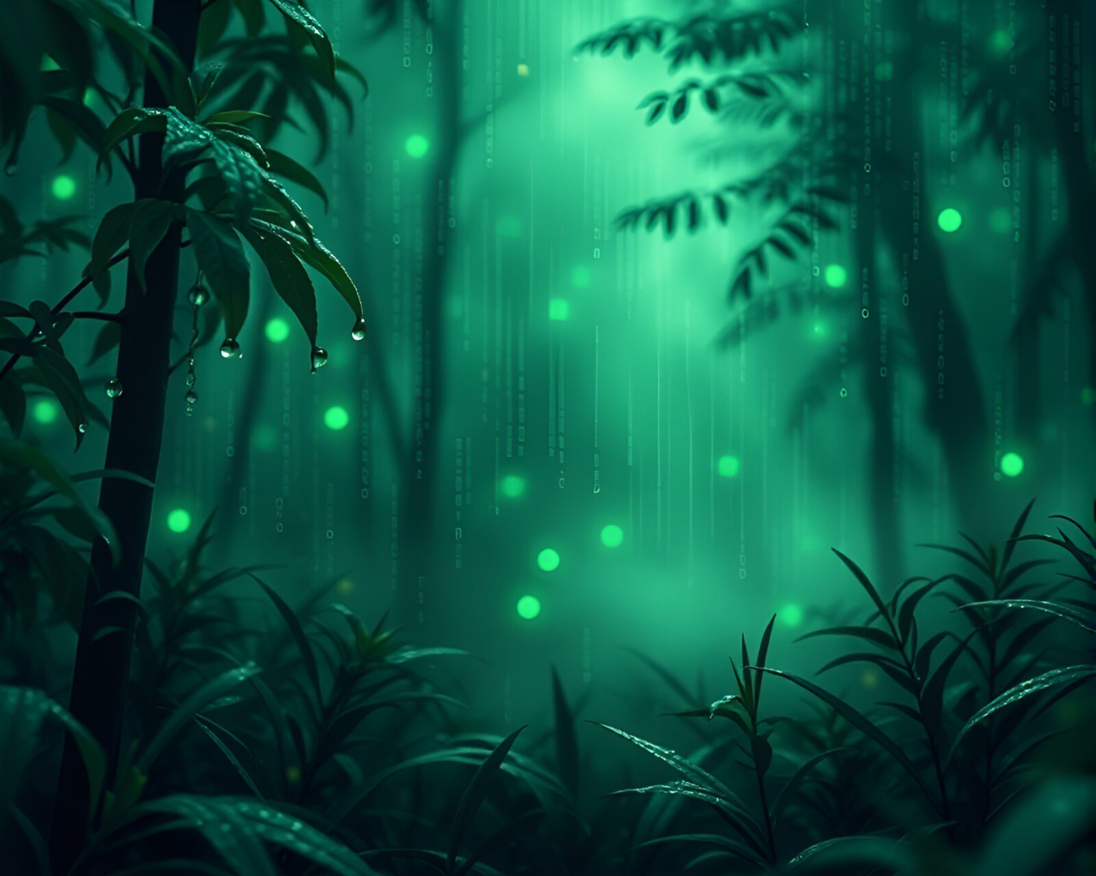 Technical illustration of binary code intertwining with dew drops in rainforest green haze
