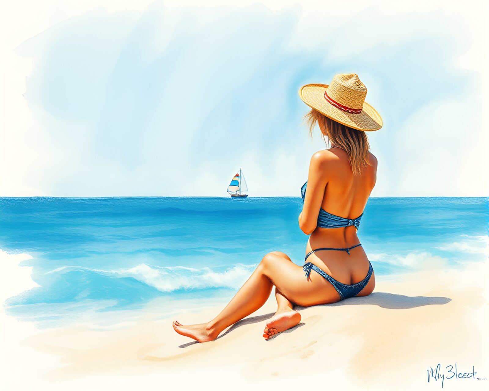 A faded denim beach scene with a dust overlay