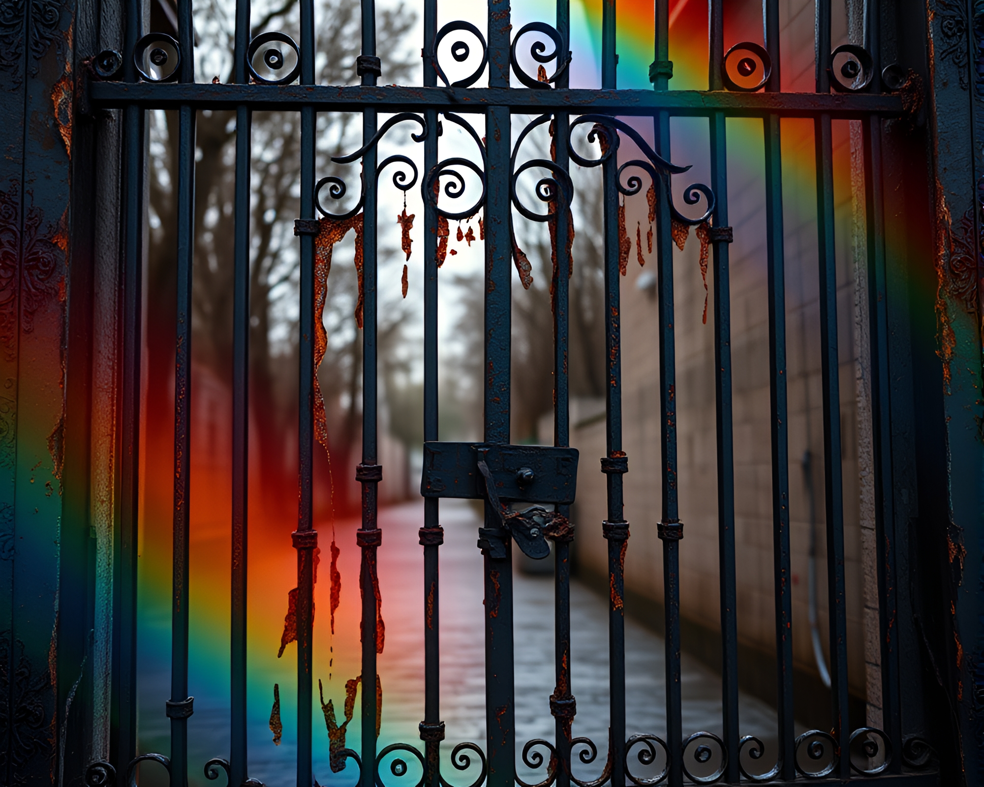 Rainbow Light Cascade Through Wrought Iron Gate Cinemagraph – free AI stock image