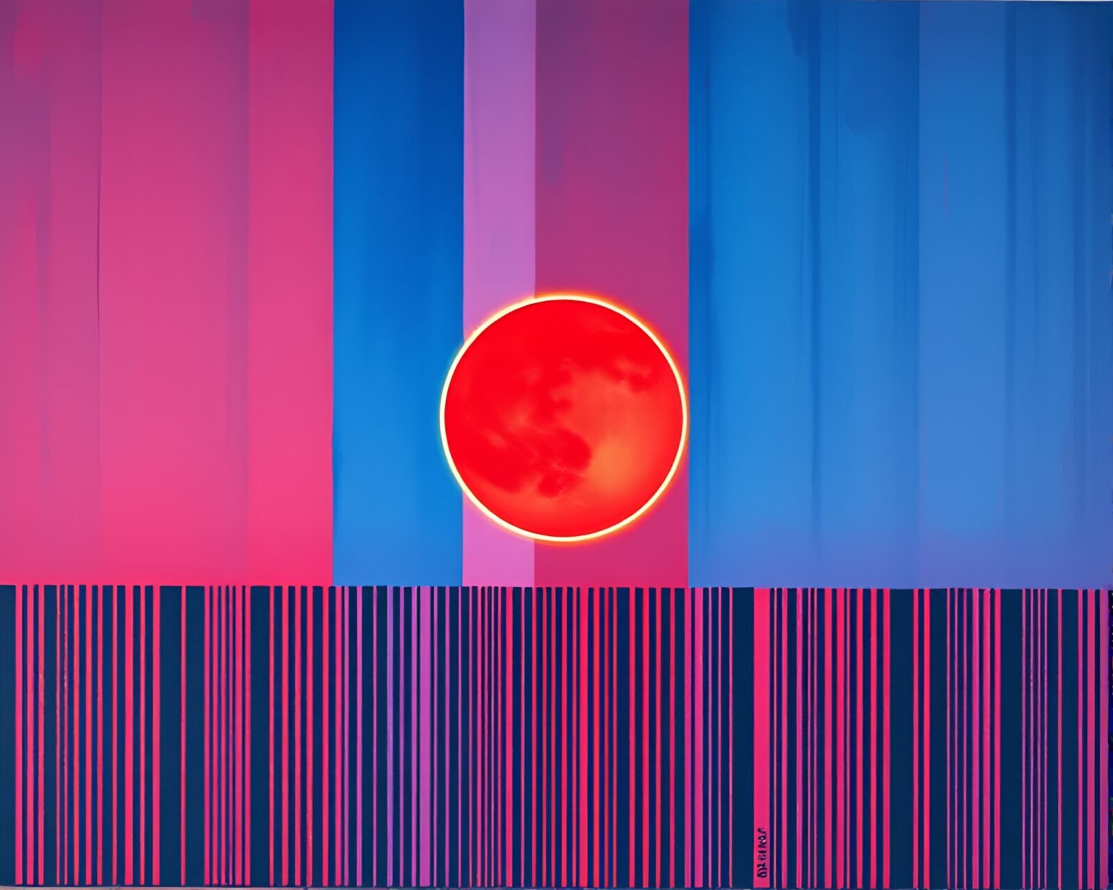 Tempera painting of eclipse against barcode-striped sky