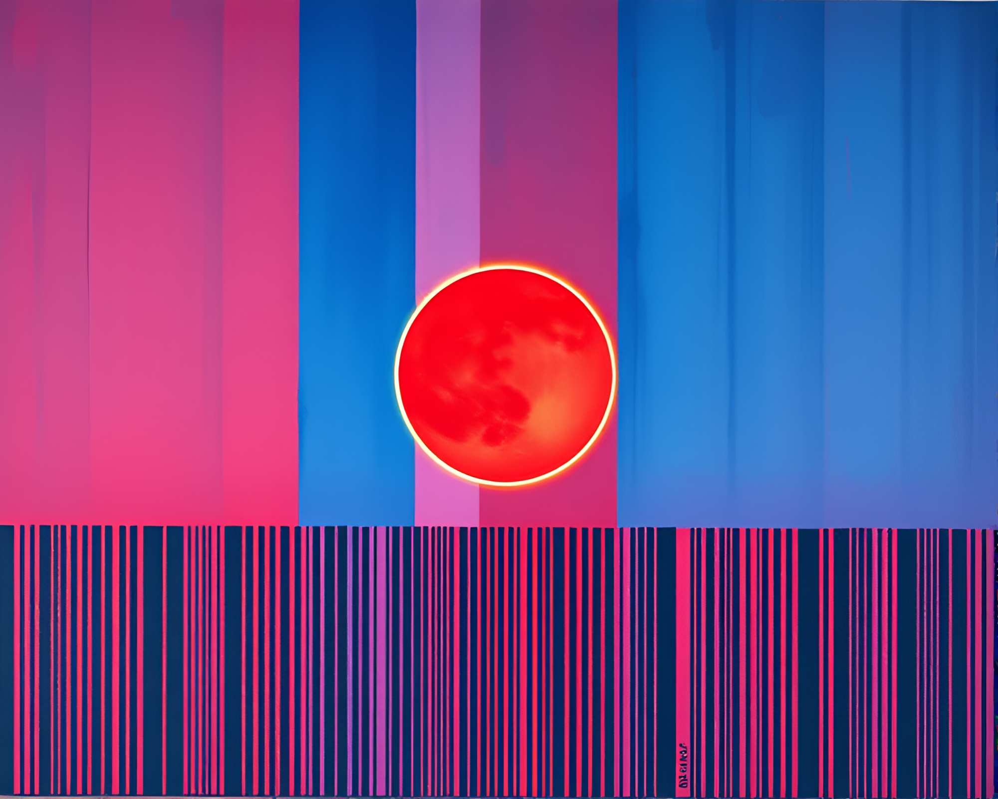 Barcode-striped Solar Eclipse in duotone red-blue – free AI stock image