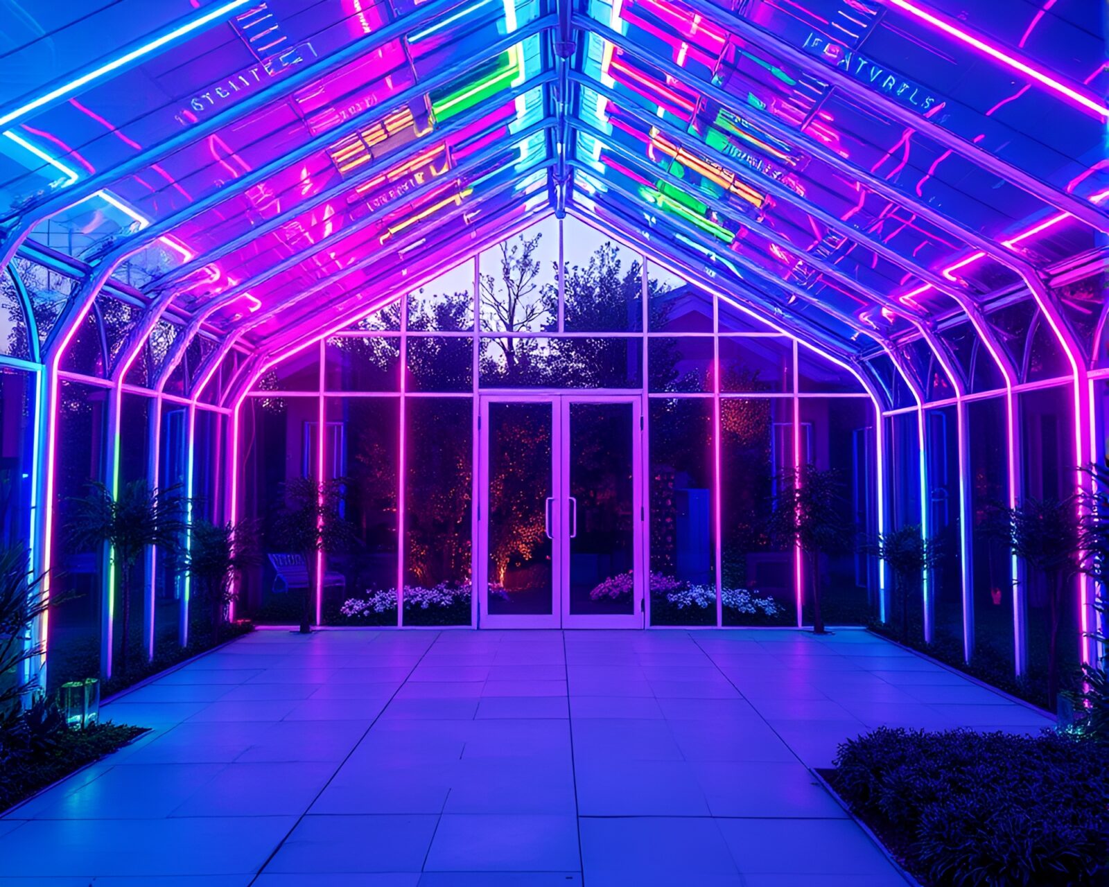 Vivid LED-lit greenhouse structure with neon wireframe design