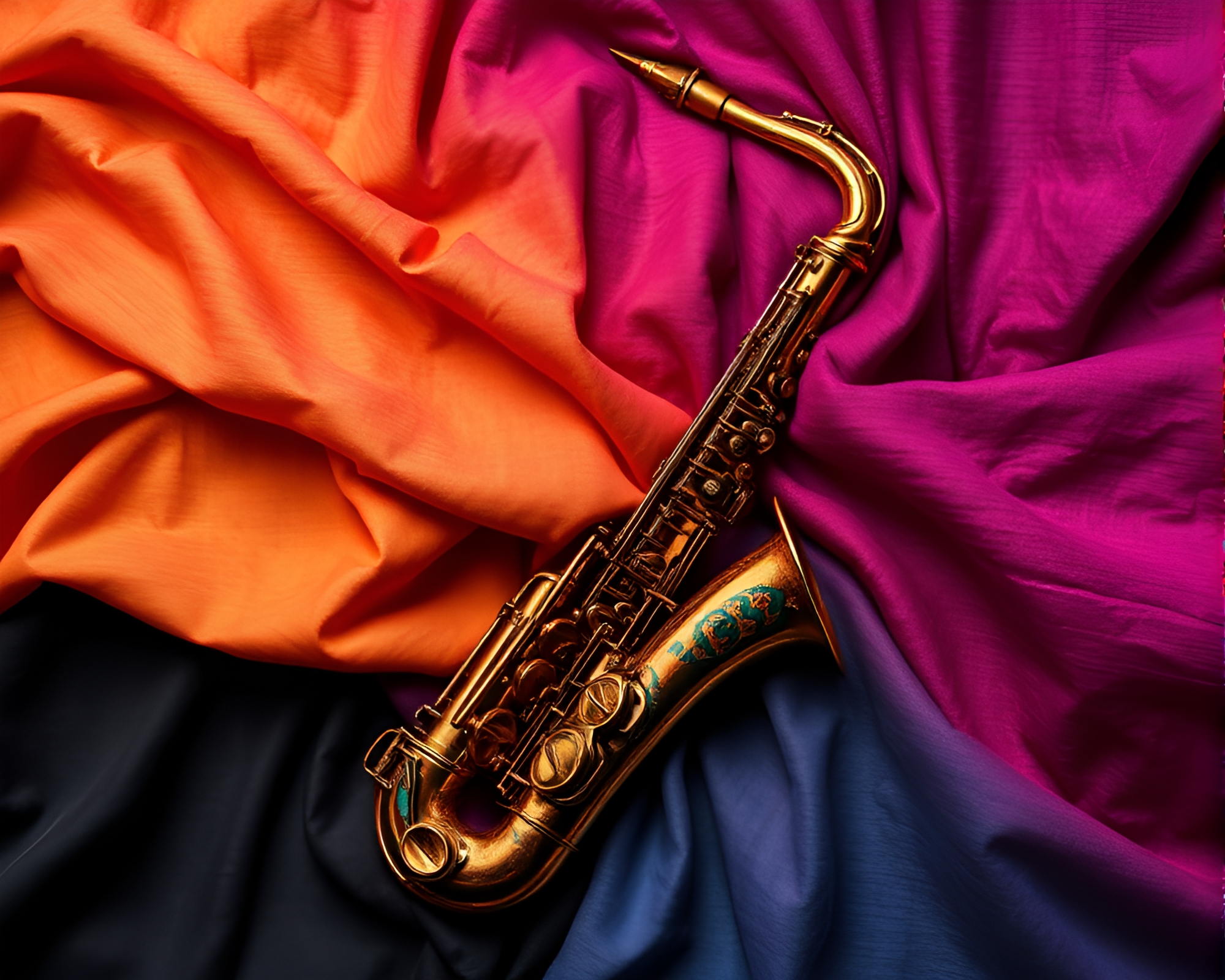 Saxophonist in Vibrant Triadic Fabric Folds – free AI stock image