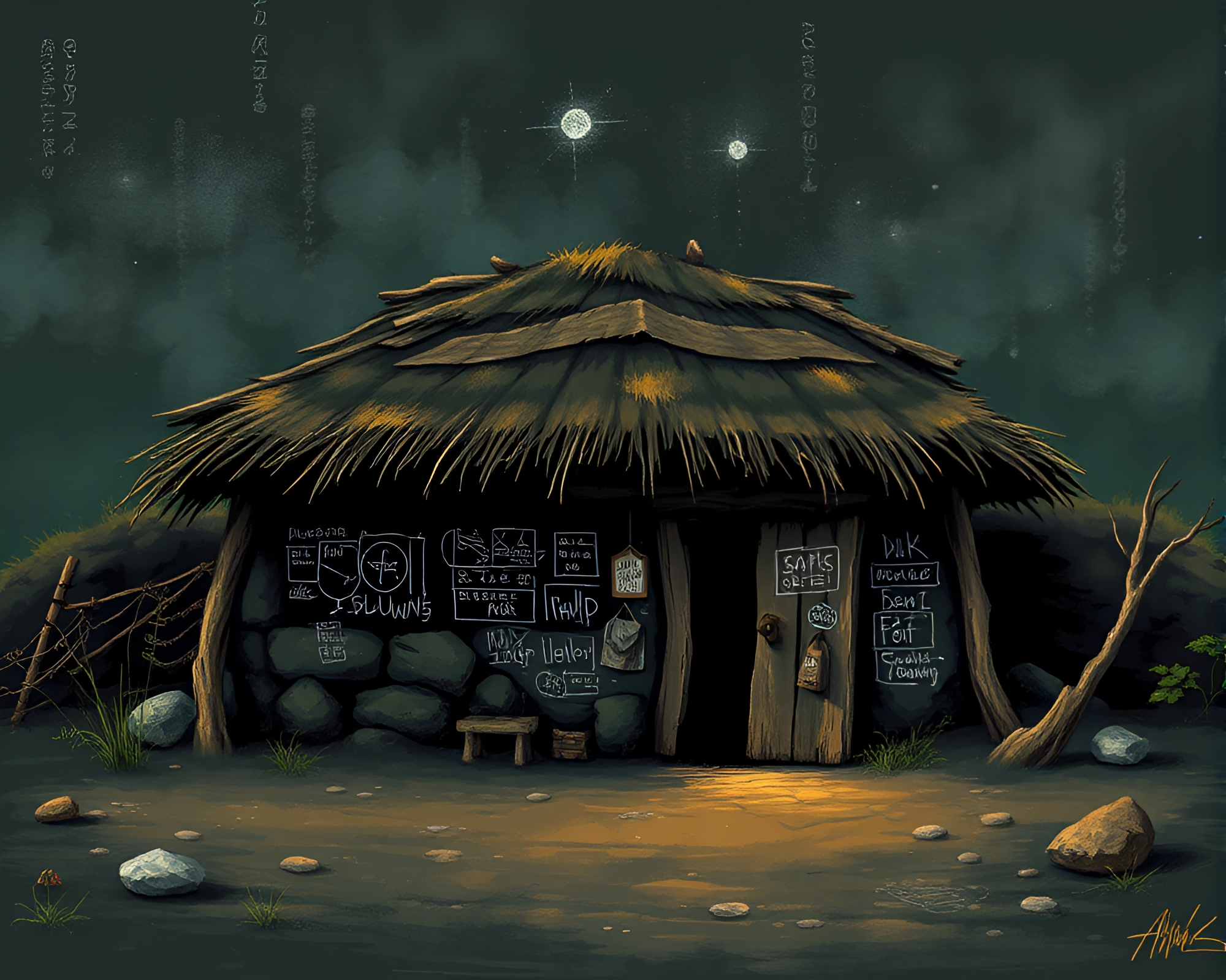 Pixel Art Mud Hut with Chalk Scrawls – free AI stock image
