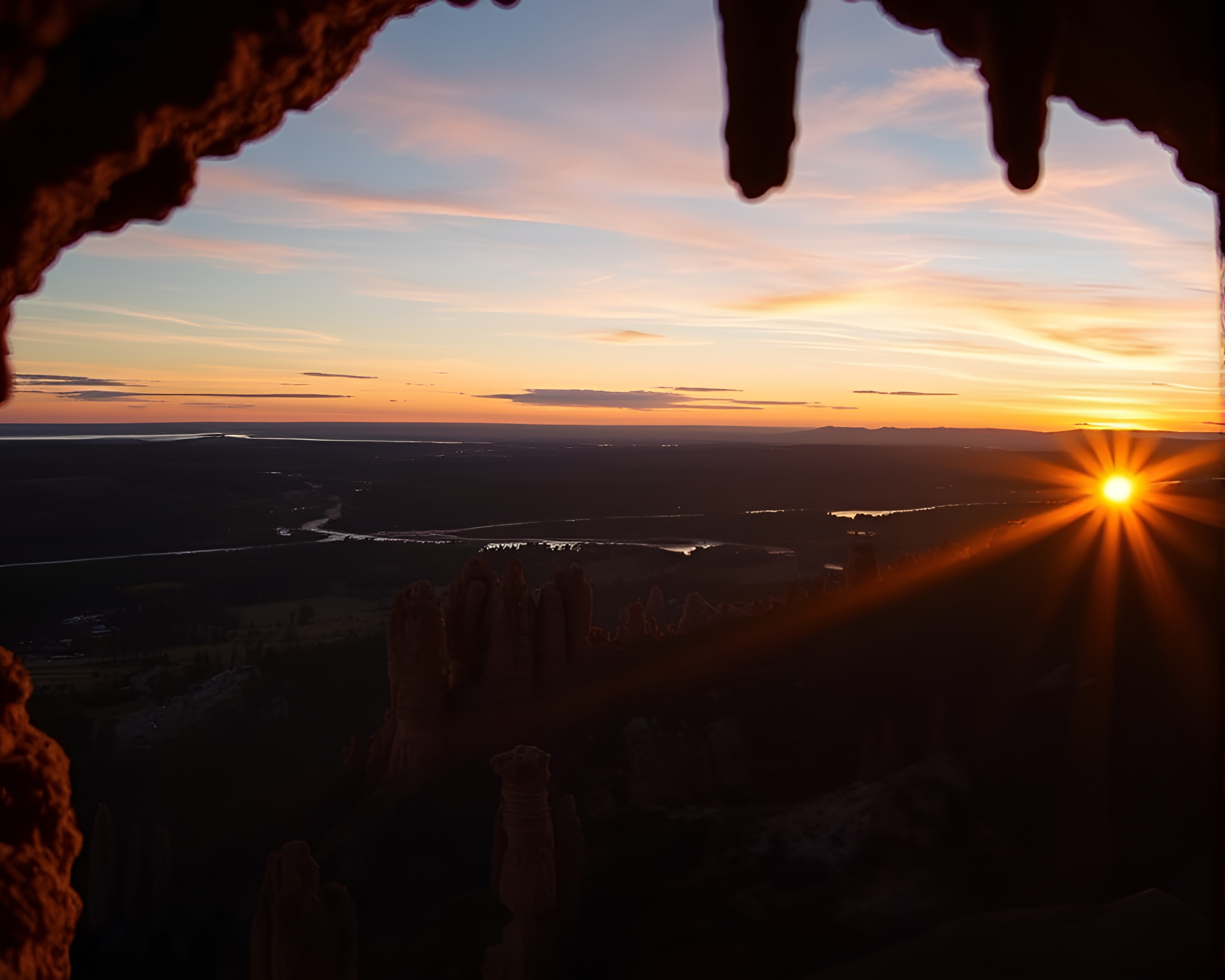 Skyline Sunset Stalactite Display – free AI stock image