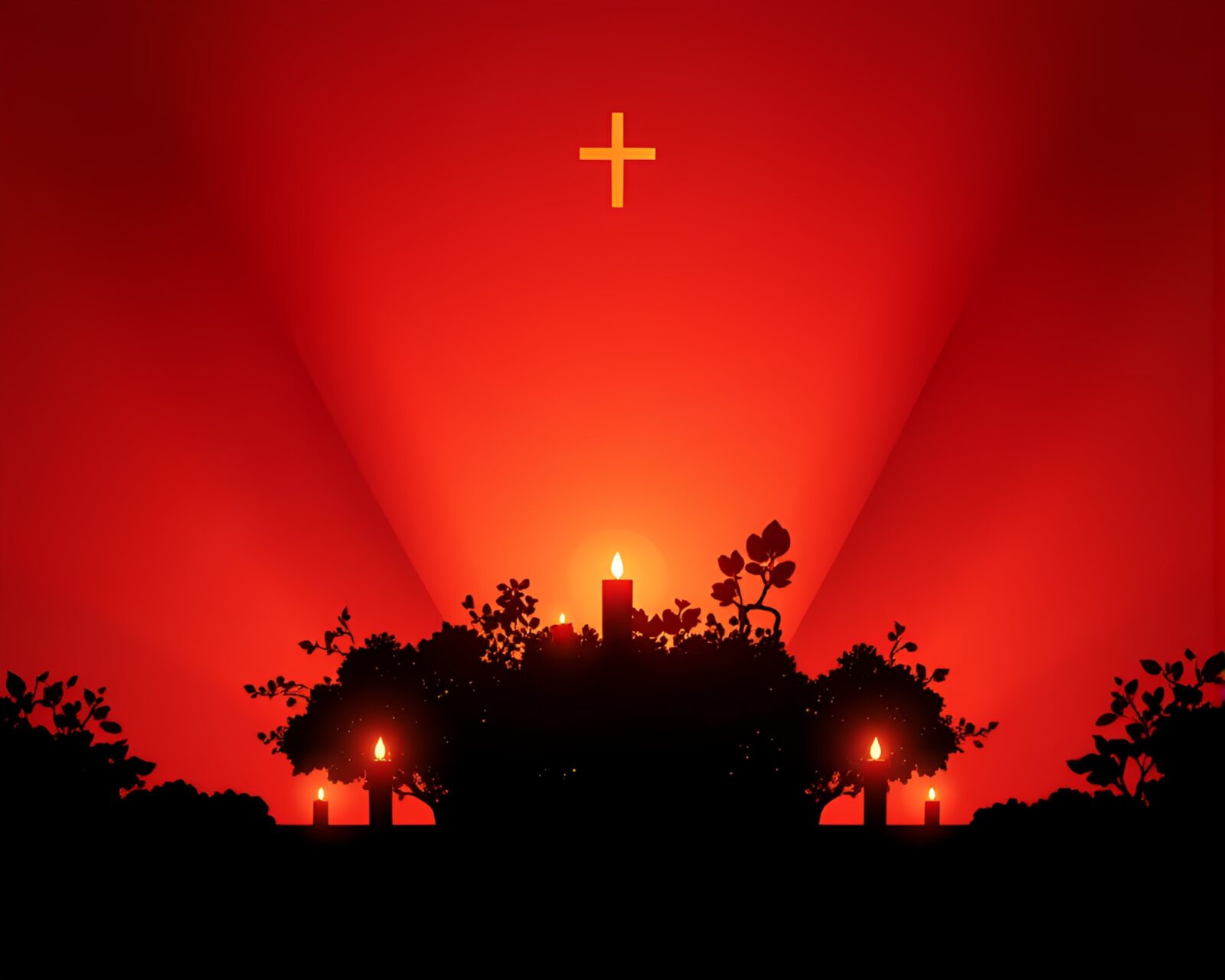 Dark shadow silhouette of raspberry bush in glowing church candlelight
