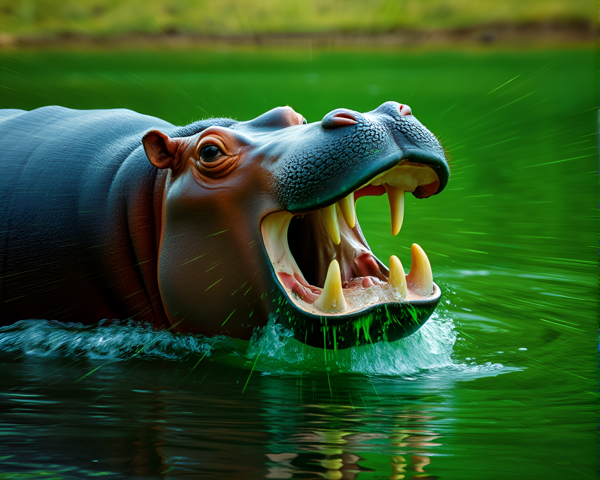 Zoom Burst Hippopotamus in Emerald Green Cross-Processing Style – free AI stock image