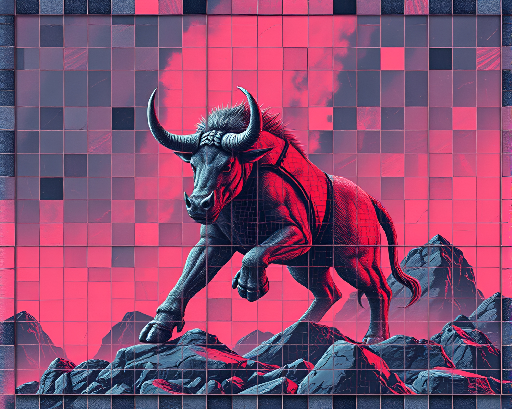 Synthwave Minotaur in Tiled Volcanic Mosaic – free AI stock image
