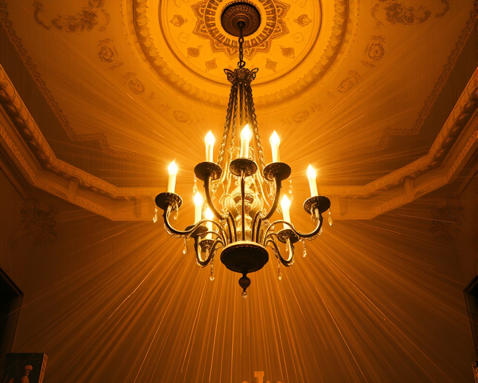 Center composition of a stunning chandelier with beautiful light streaks