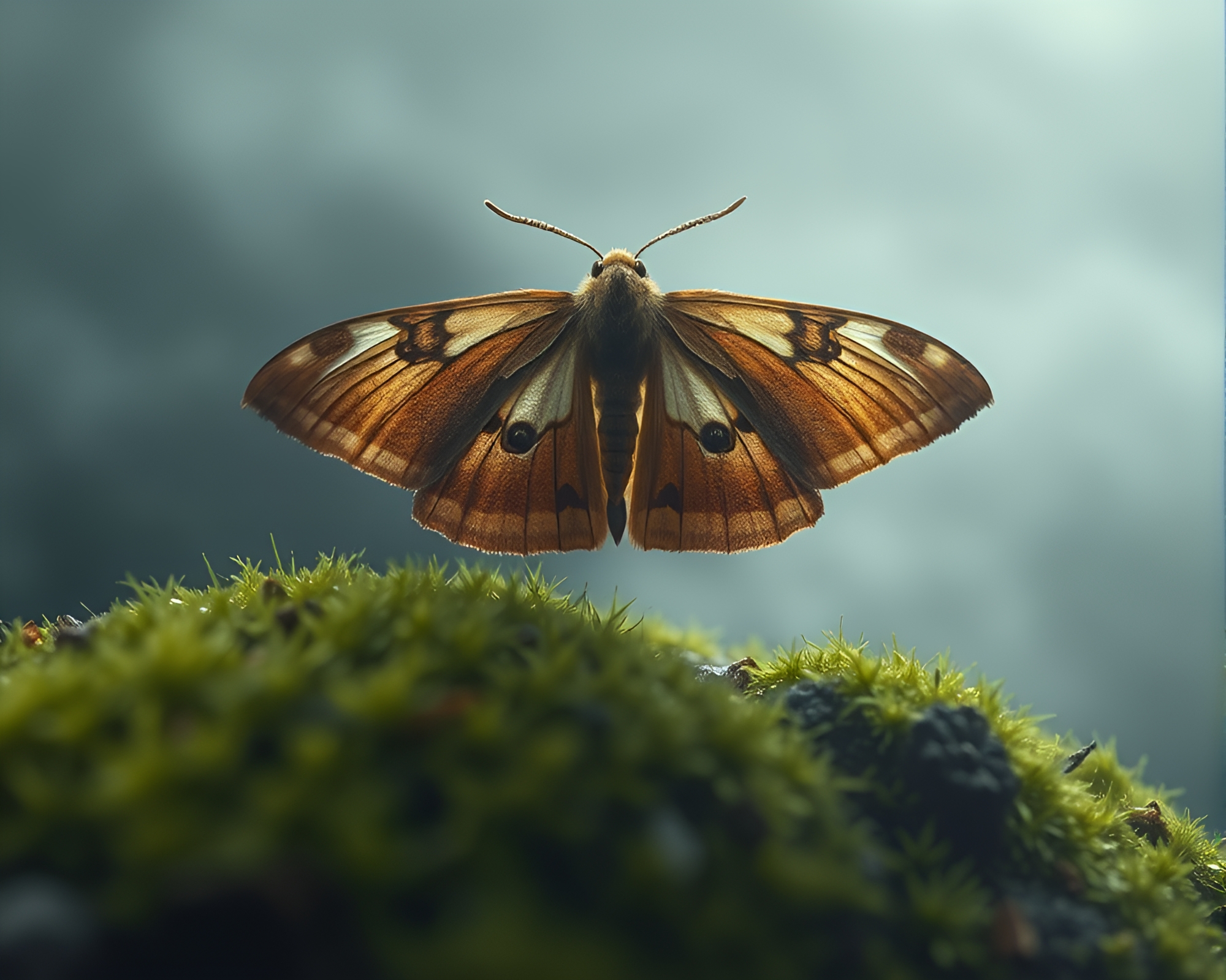 Enchanting Moss-Covered Moth in Foggy Particle Simulation – free AI stock image
