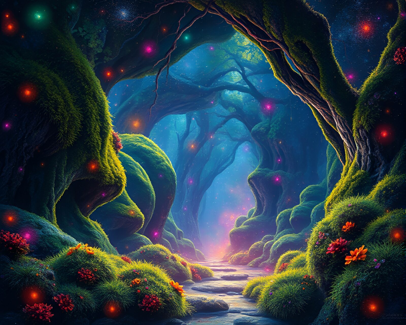 Vibrant portal surrounded by dancing lights and greenery
