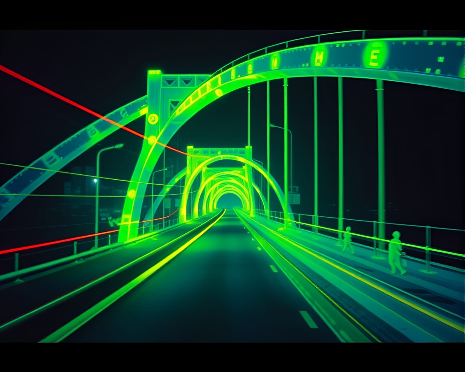 Thermal imaging of an ancient arch bridge in mist