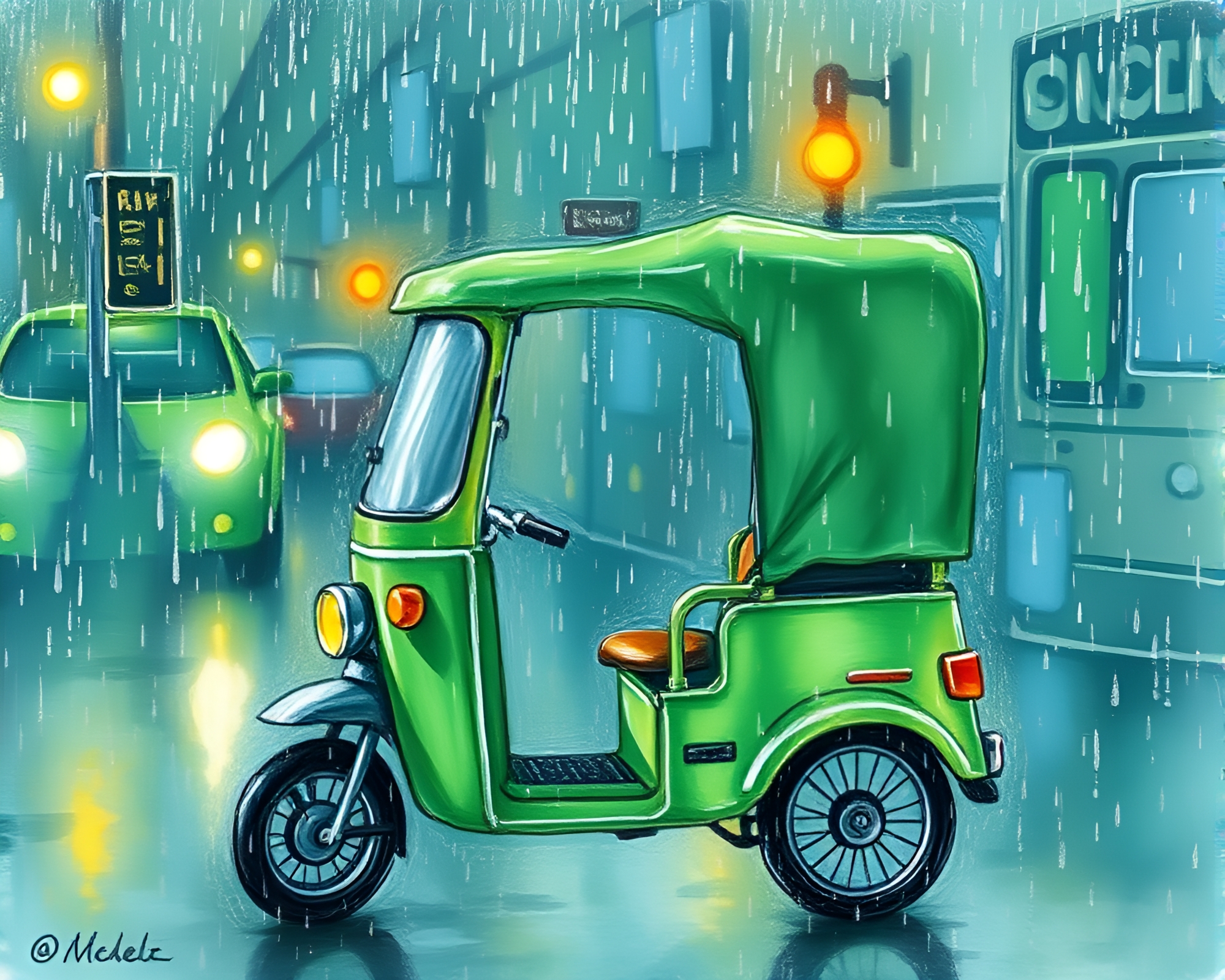 Mint Green Rickshaw: Rain Droplets Conté Drawing – free AI stock image