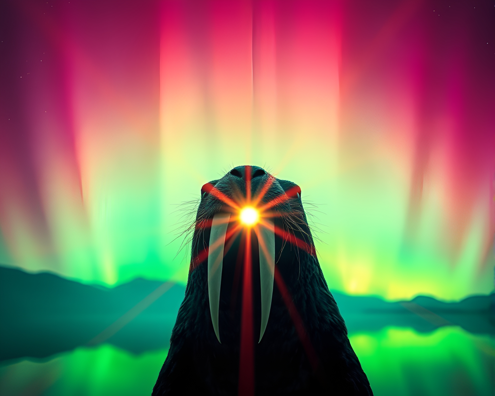 Prismatic Walrus under Aurora Lens Flare – free AI stock image