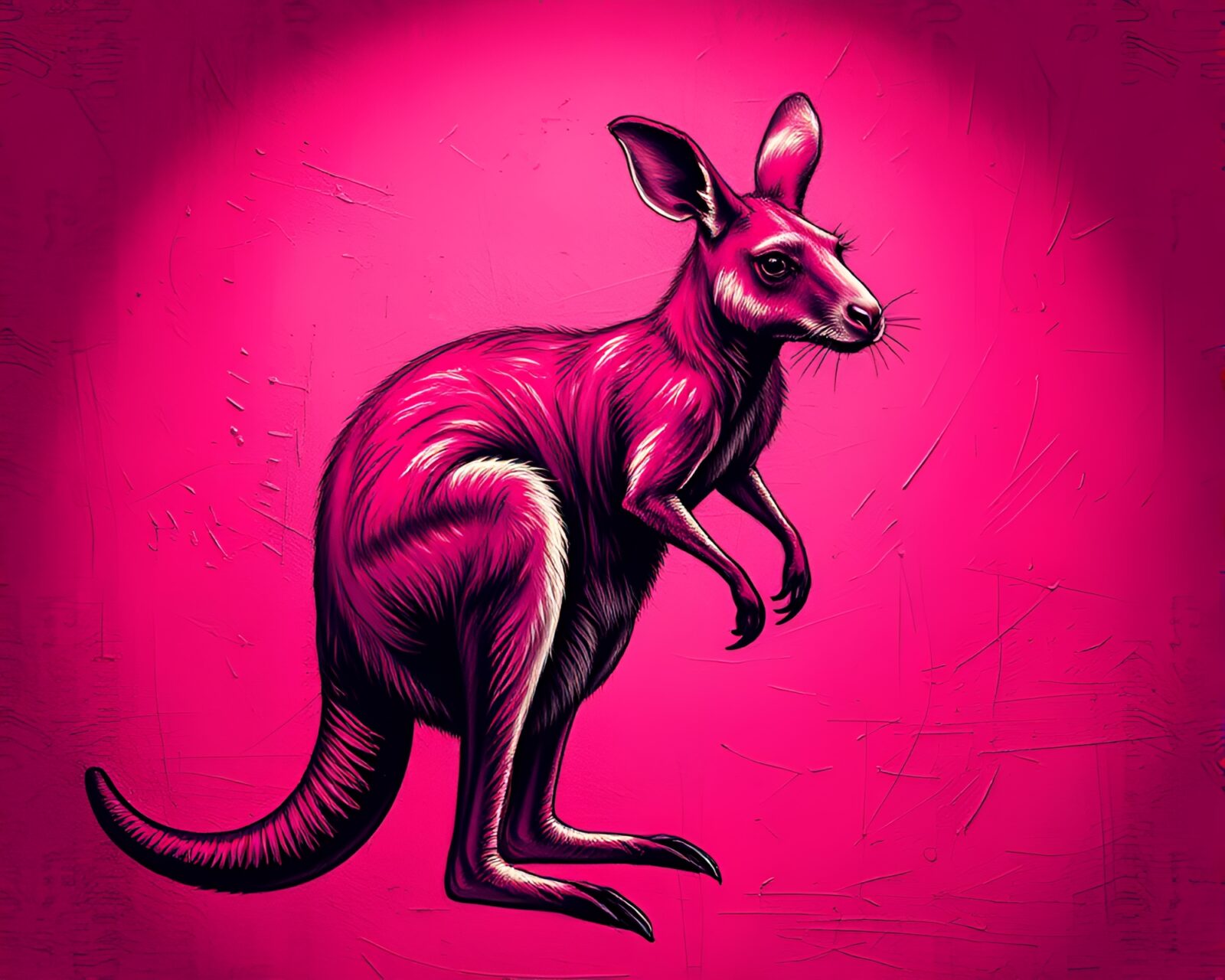 An illuminating magenta-lit kangaroo surrounded by scratch textures
