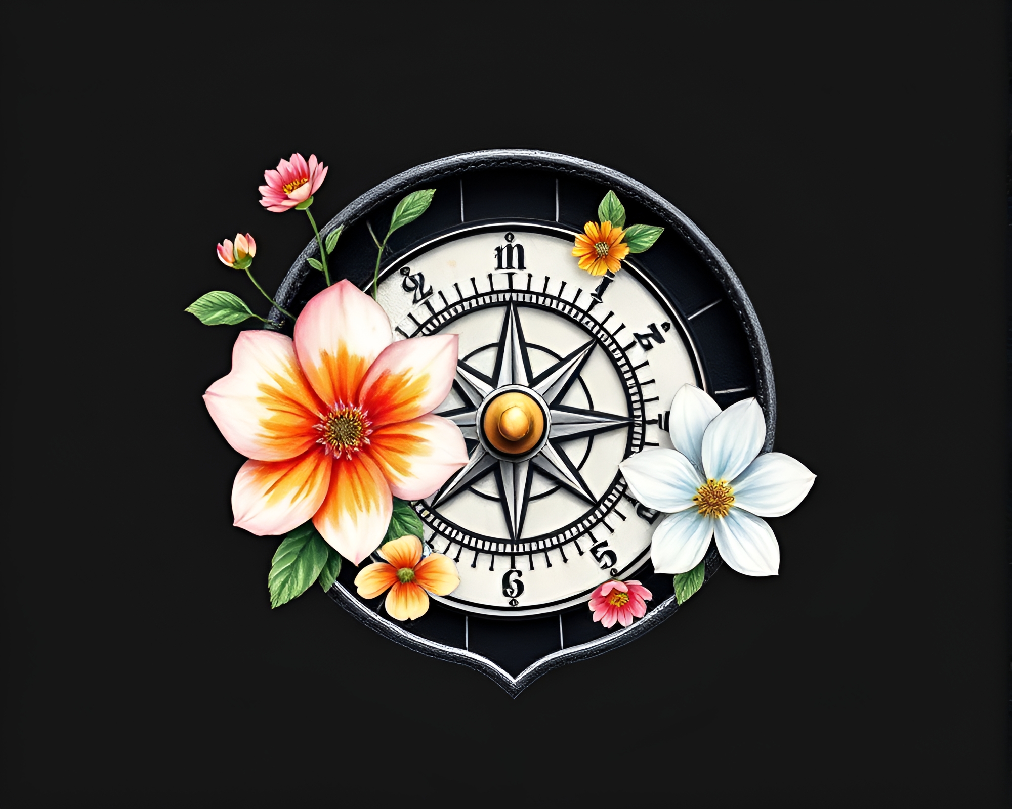 Retro Futuristic Sundial Blooms in Charcoal Black Watercolors – free AI stock image