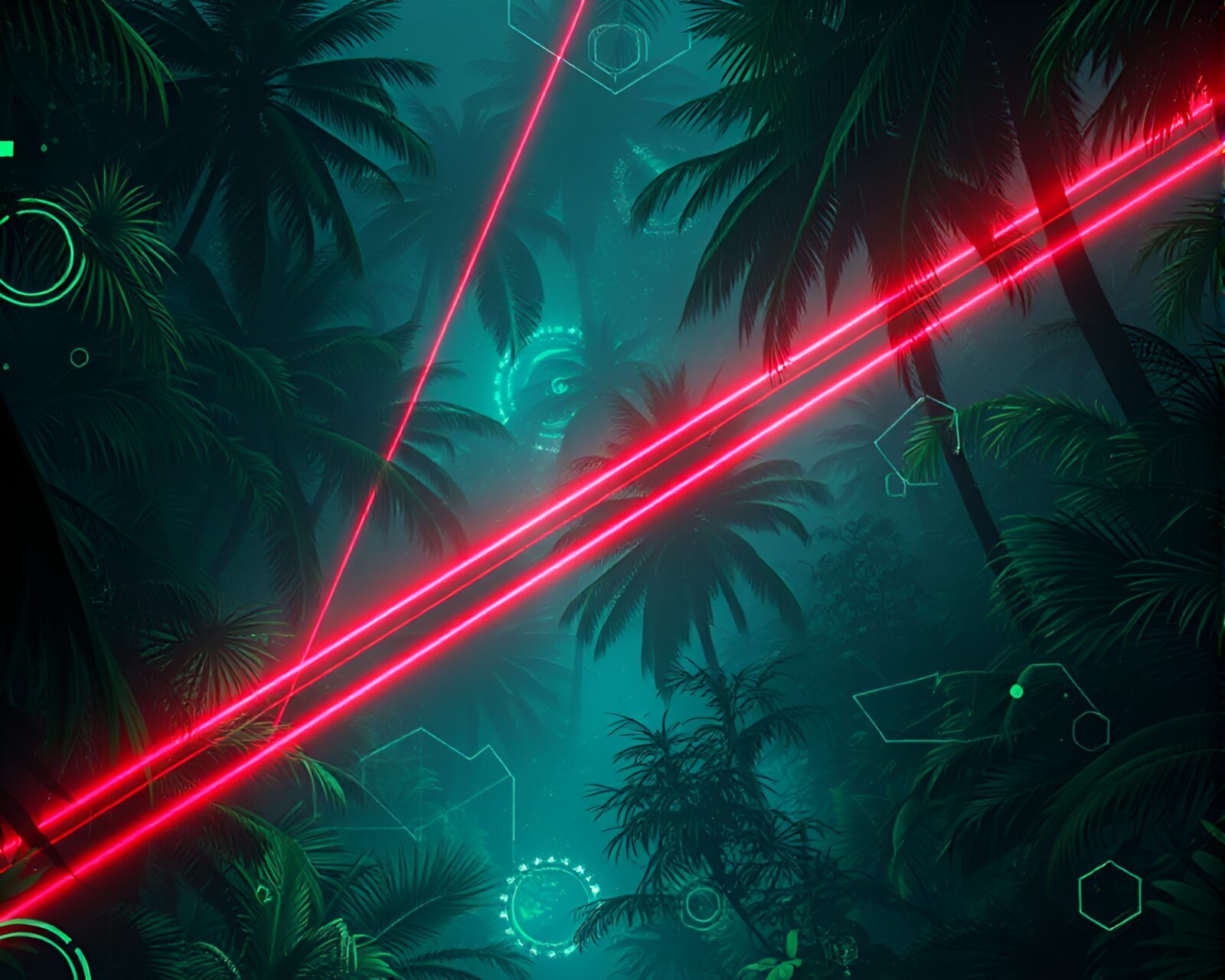 Futuristic HUD overlay in jungle with glowing laser beams