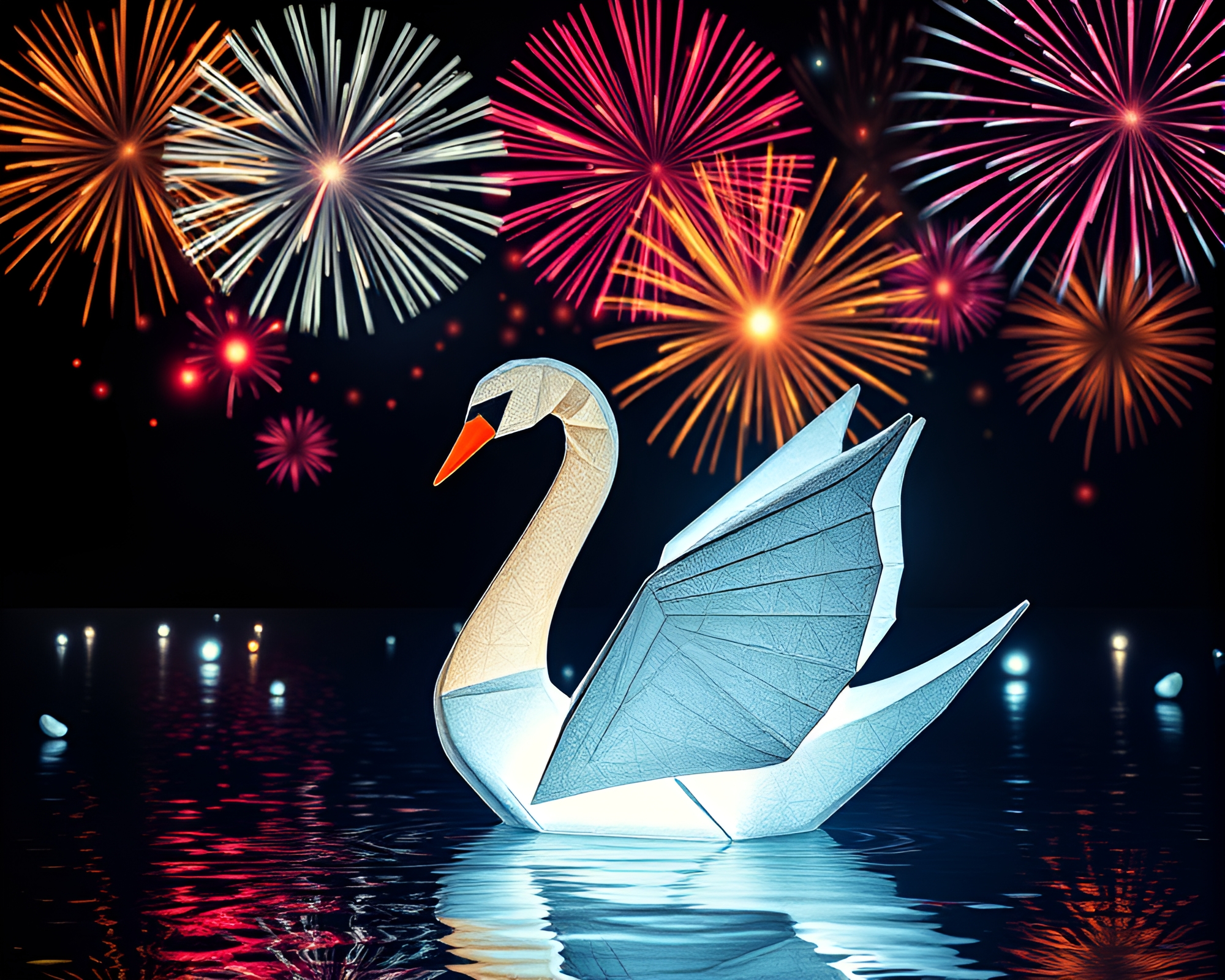 Fluorescent Origami Swan amidst Fireworks Collage – free AI stock image