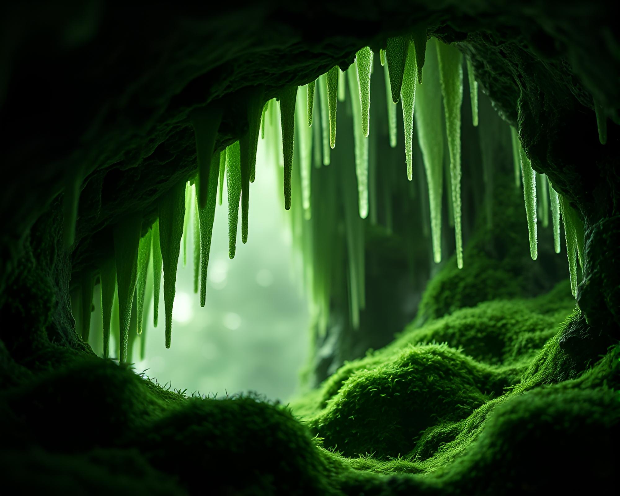 Enchanting Moss-Covered Stalactite Cave – free AI stock image