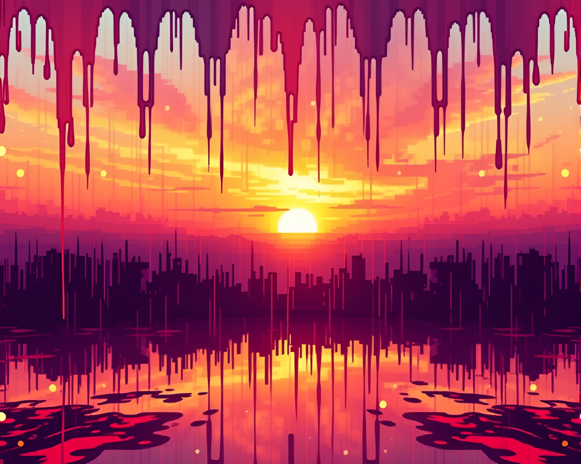 Pixel Art Kaleidoscope Drips in Warm Sunset Hues – free AI stock image