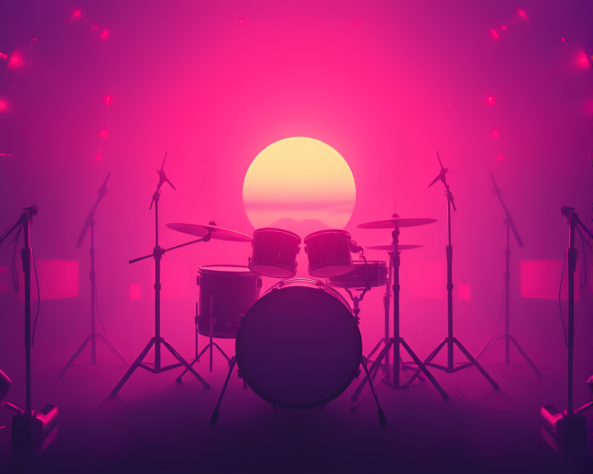 Symmetrical Retro Drum Kit in Dreamy Retrowave Scene – free AI stock image