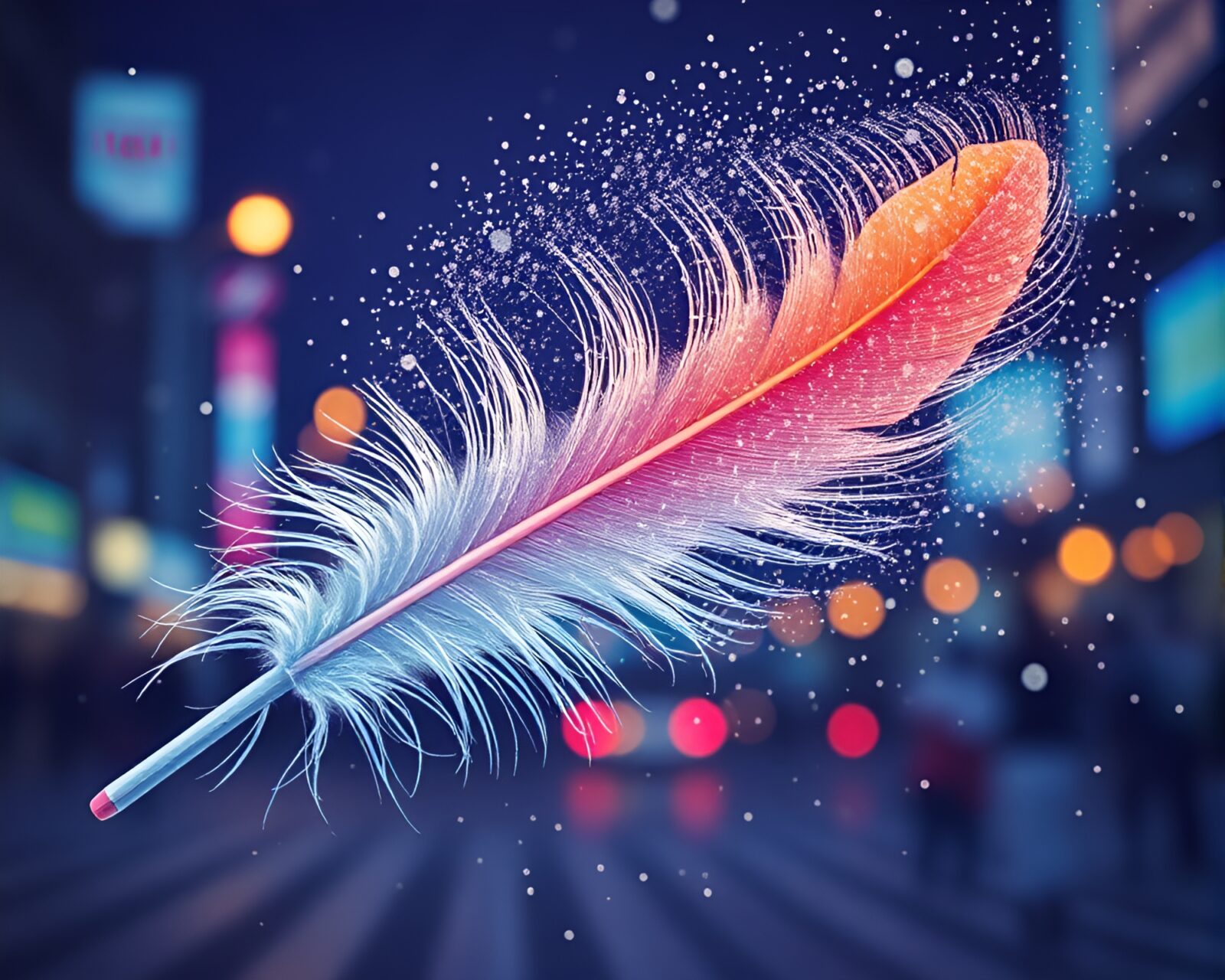 Colorful city nightscape with giant jelly doughnut and feather dusters