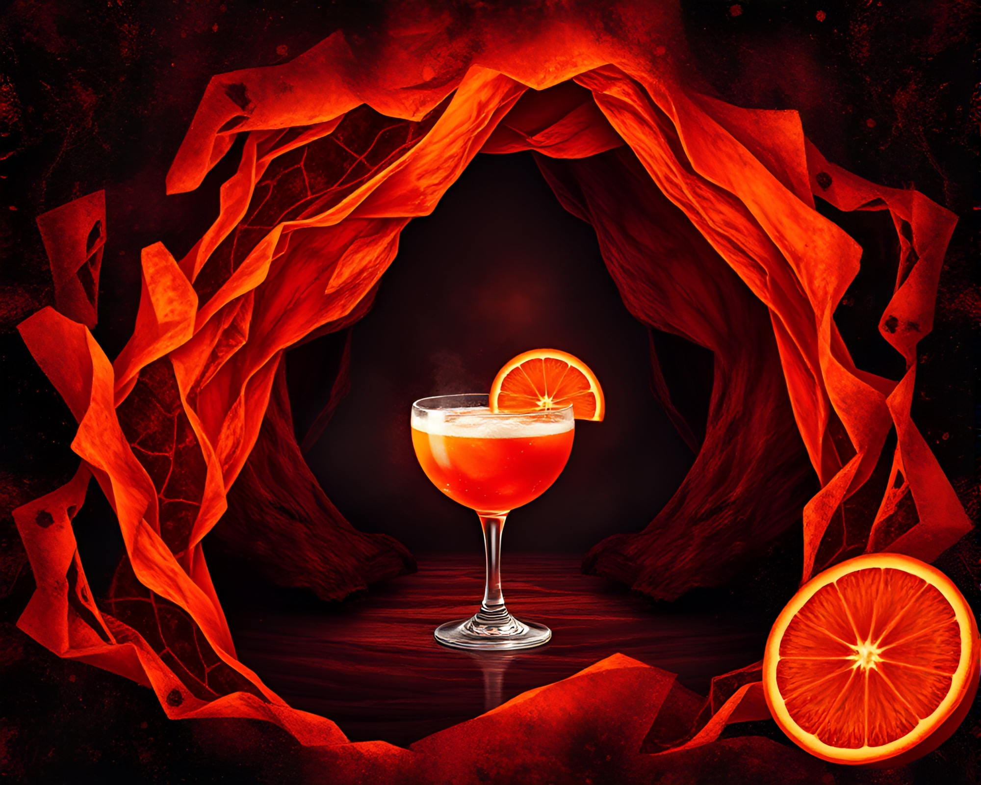 Fractal Blood Orange Cocktail at Dark Cave Entrance – free AI stock image